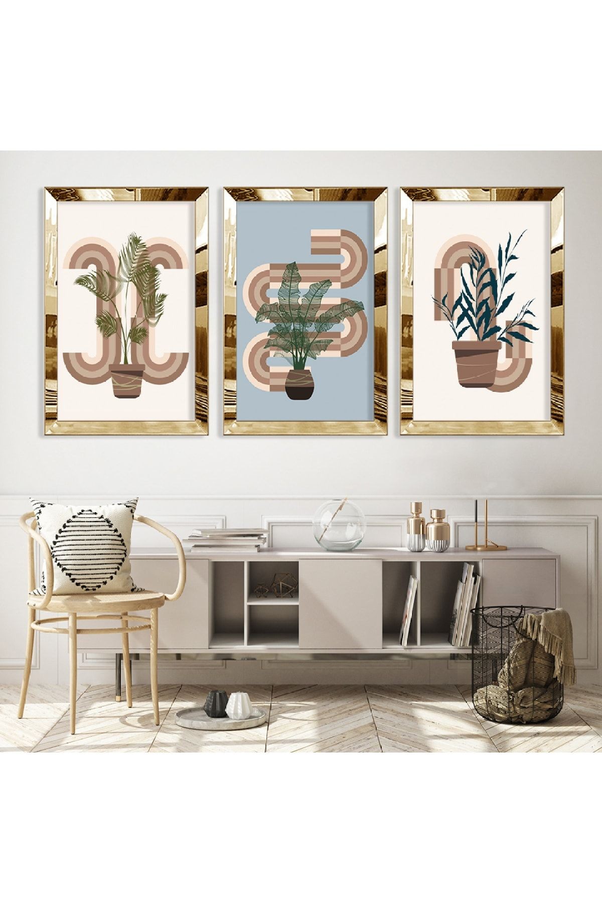 Gold Aynalı Pleksi Çerçeveli Minimalist Çiçek Aynalı Üçlü Mdf Tablo Seti