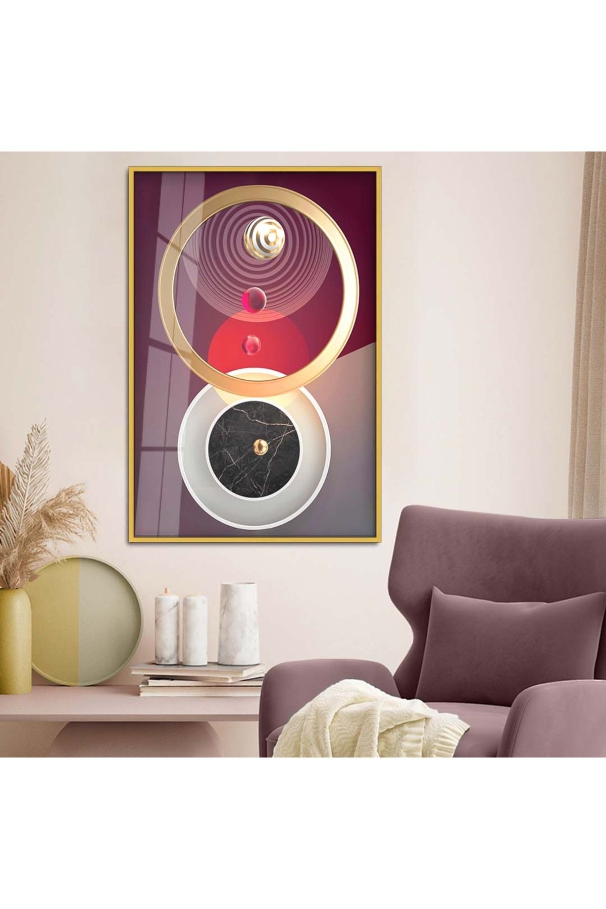 Gold Metal Çerçeveli Geometrik Çizim Soyut Tema Kırılmaz Cam Tablo