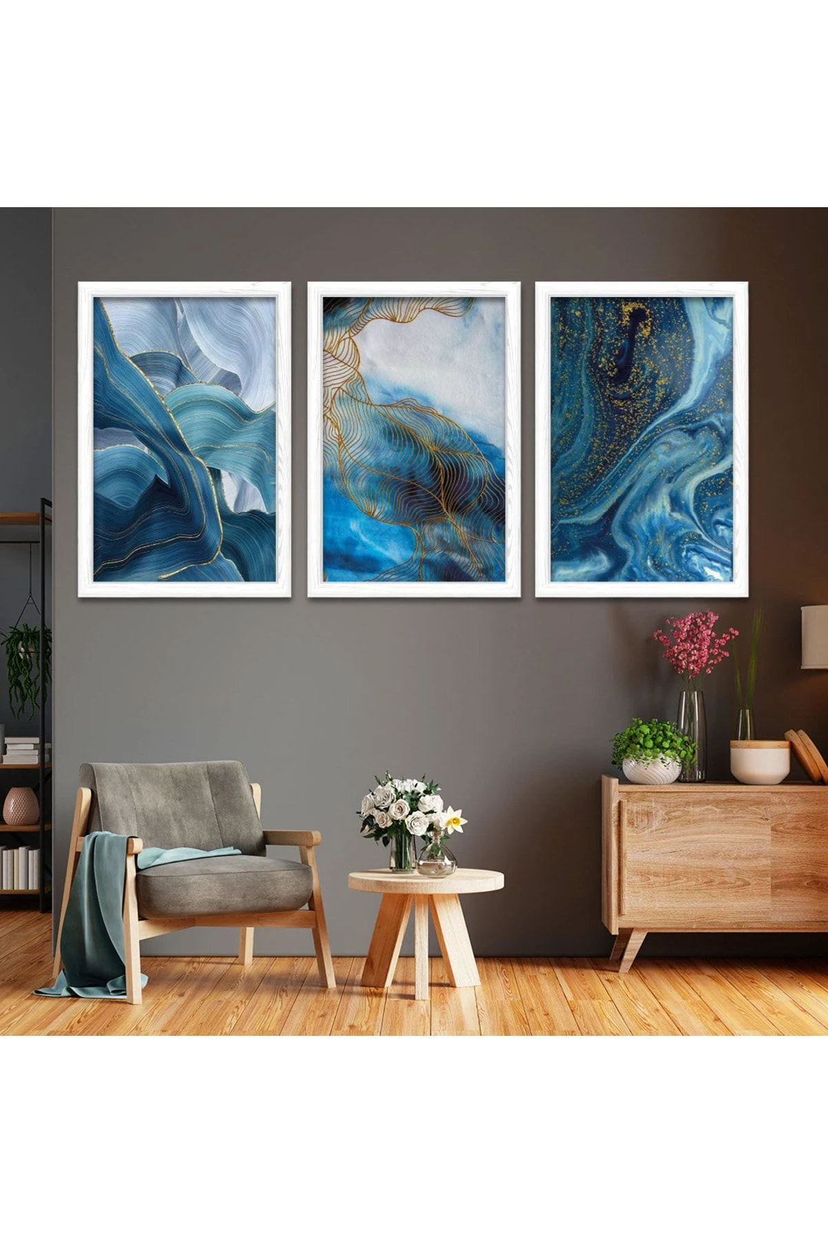 Beyaz Ahşap Çerçeveli Mavi Kolaj Çizim Tablo