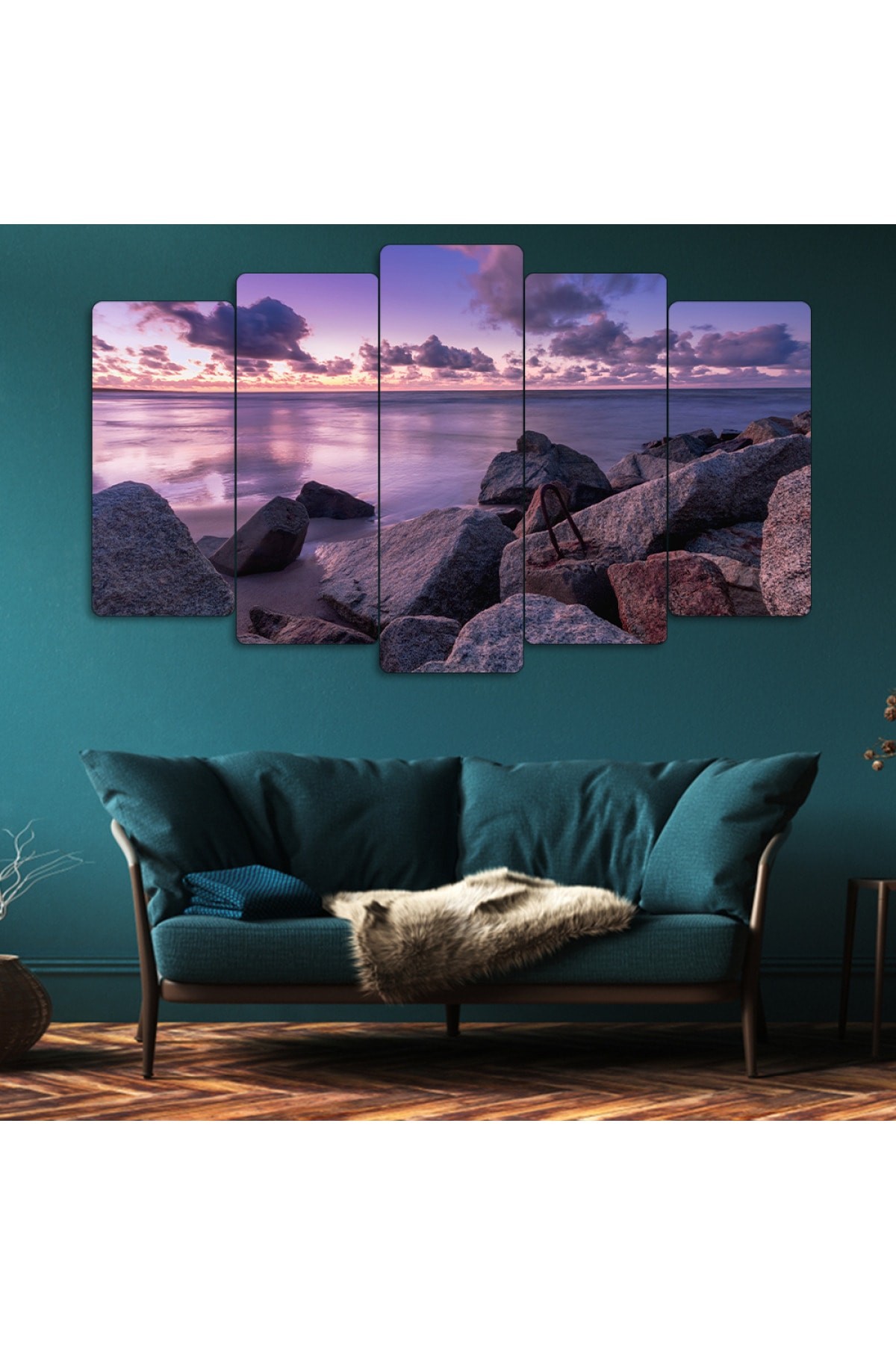 5 Parça Deniz Kenarı Gün Batımı Solmaz MDF Tablo