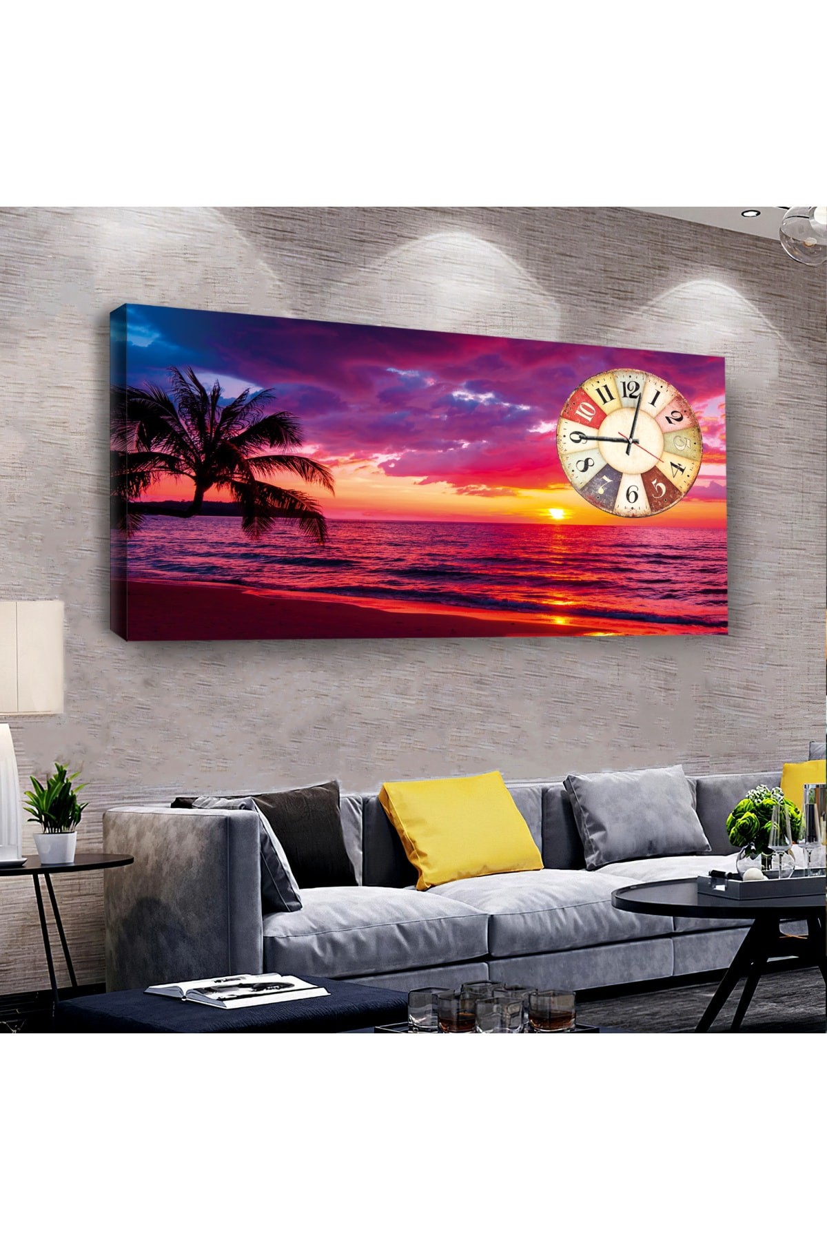 Huzur Gün Batımı Manzara saatliAhşap Şase Dijital Baskı Kanvas Tablo 100X50Cm