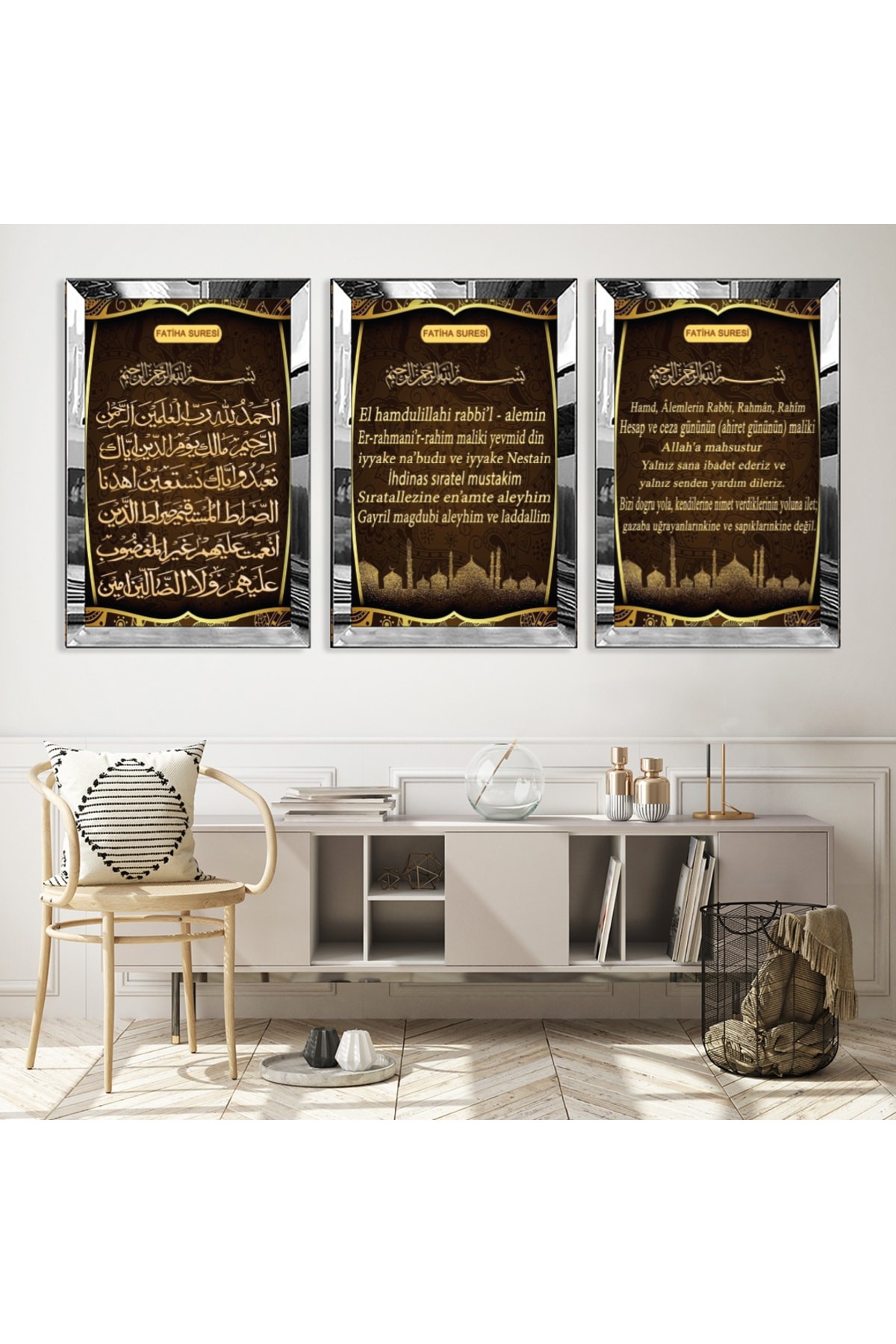 Fatiha Süresi Gold Pleksi Kenar 3'Lü Solmaz MDF Tablo Seti