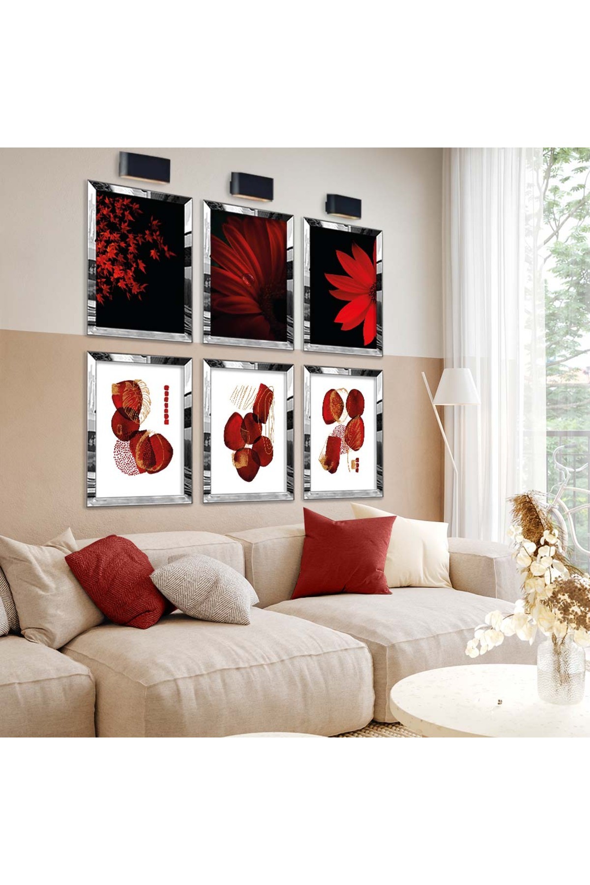 Kırmızı Çiçek Tema 6'Lı Pleksi Kenar Solmaz MDF Tablo Seti