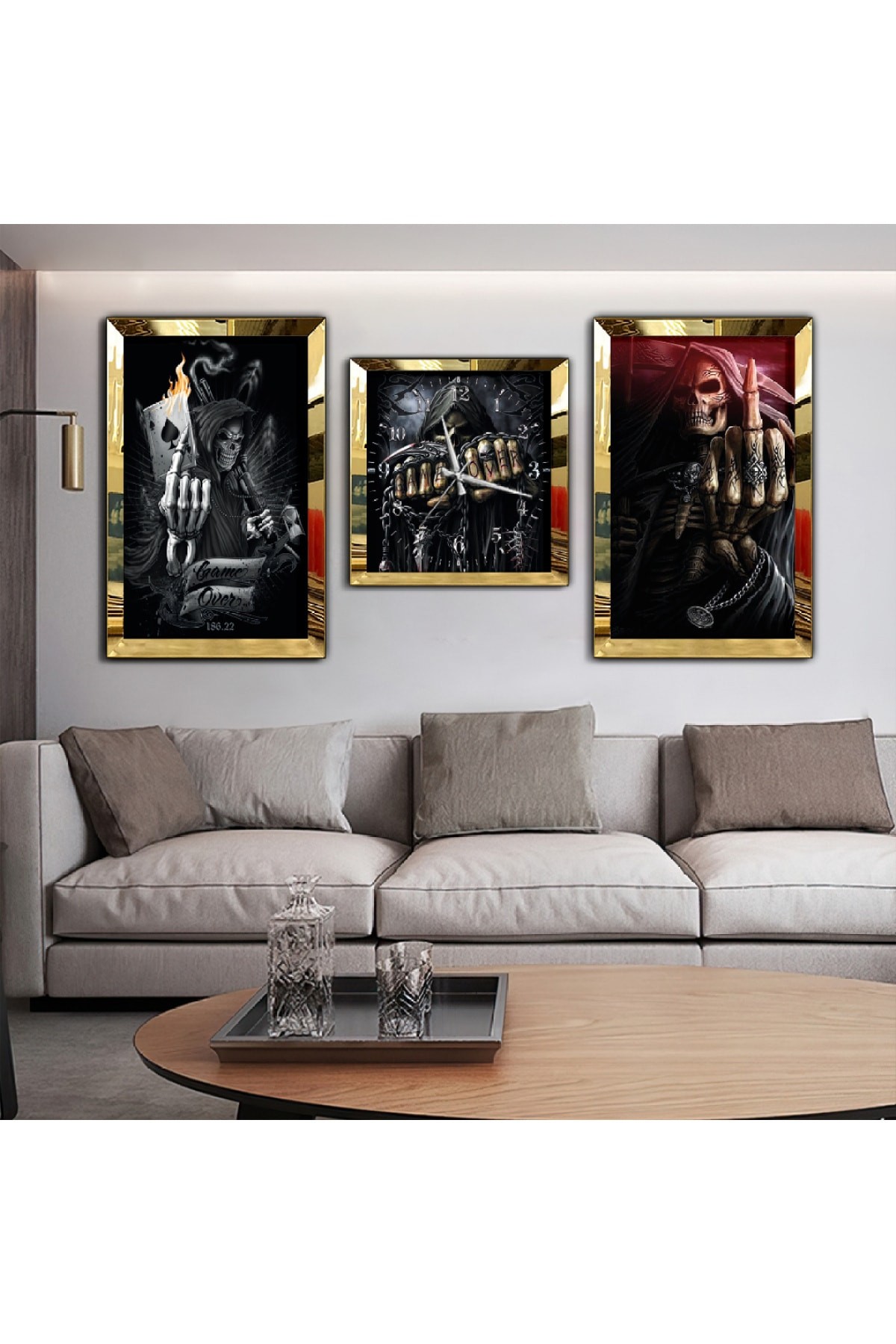 Sanat Tablosu Ölüm Meleği Aynalı Gold Pleksi Çerçeveli MDF Tablo Ve Saat Seti