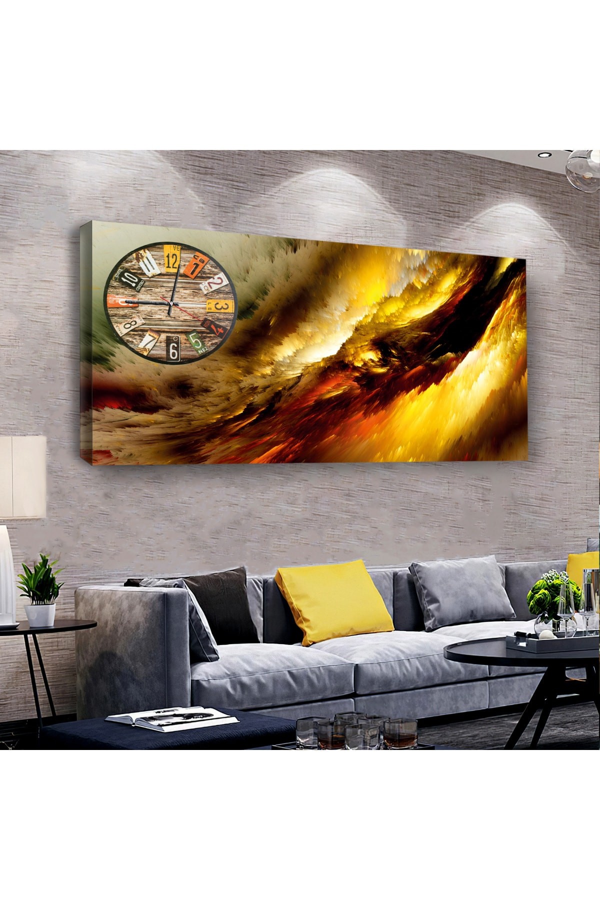 Gökyüzü saatliAhşap Şase Dijital Baskı Kanvas Tablo 100X50Cm