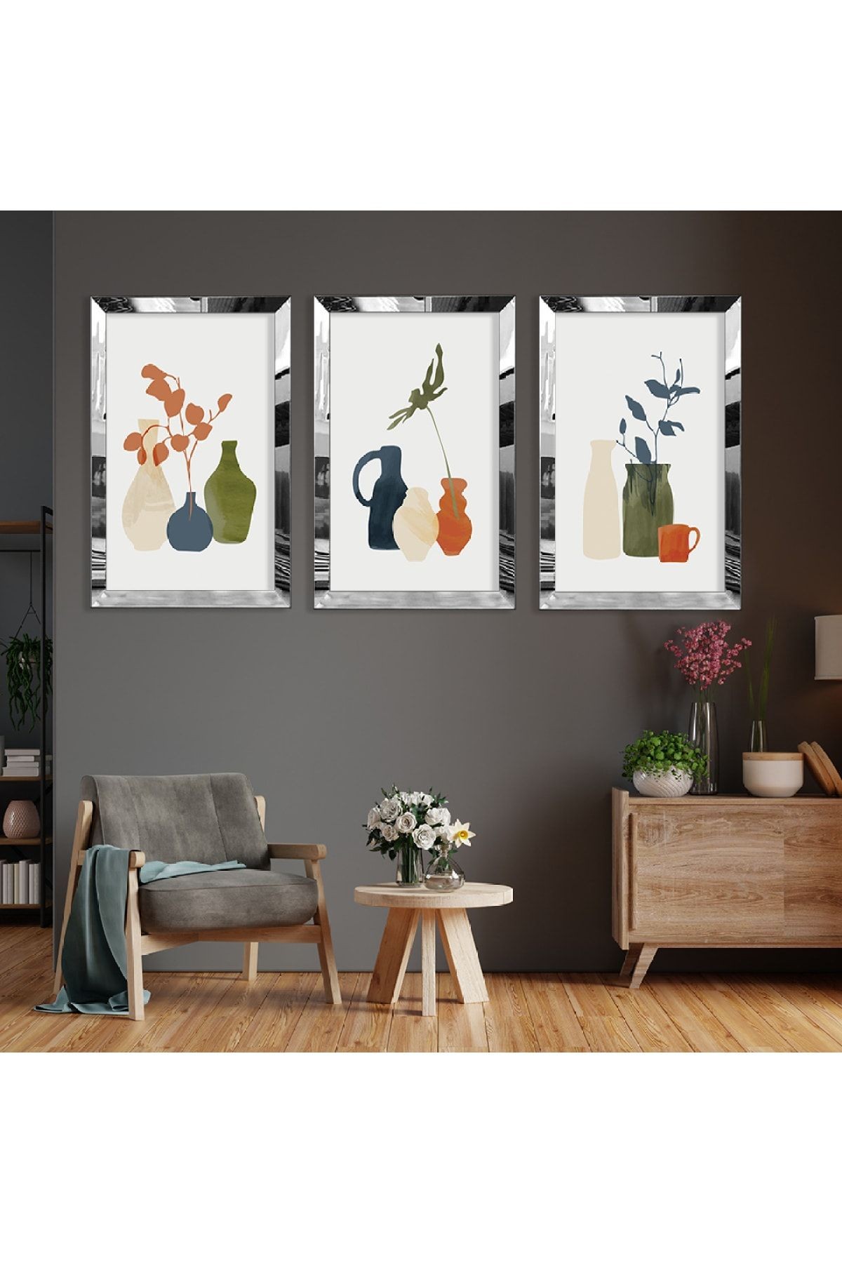Gümüş Aynalı Pleksi Çerçeveli Minimalist Üçlü Soyut Desen Üçlü Mdf Tablo Seti