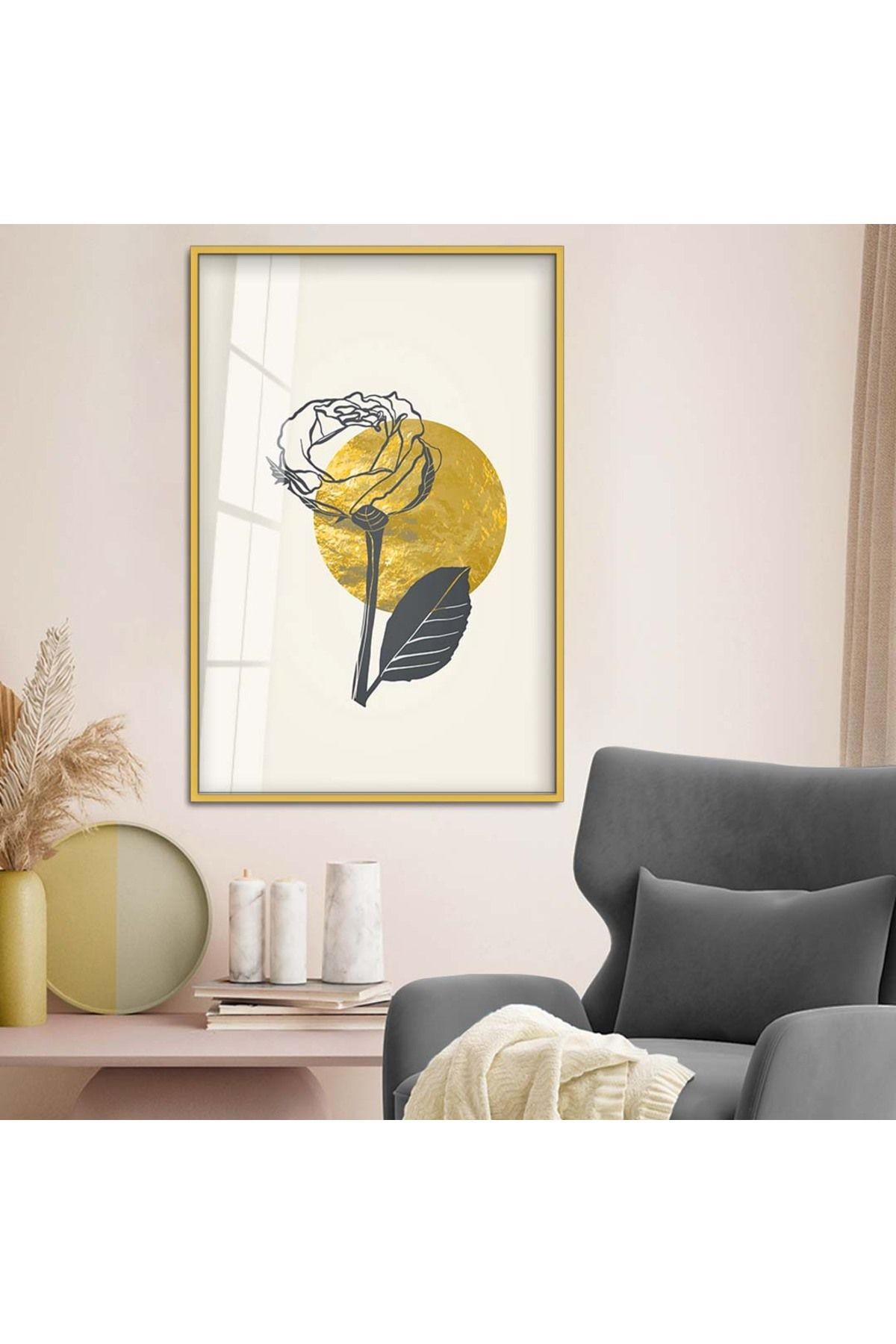 Gold Metal Çerçeveli Modern Çizim Gül Tema Kırılmaz Cam Tablo