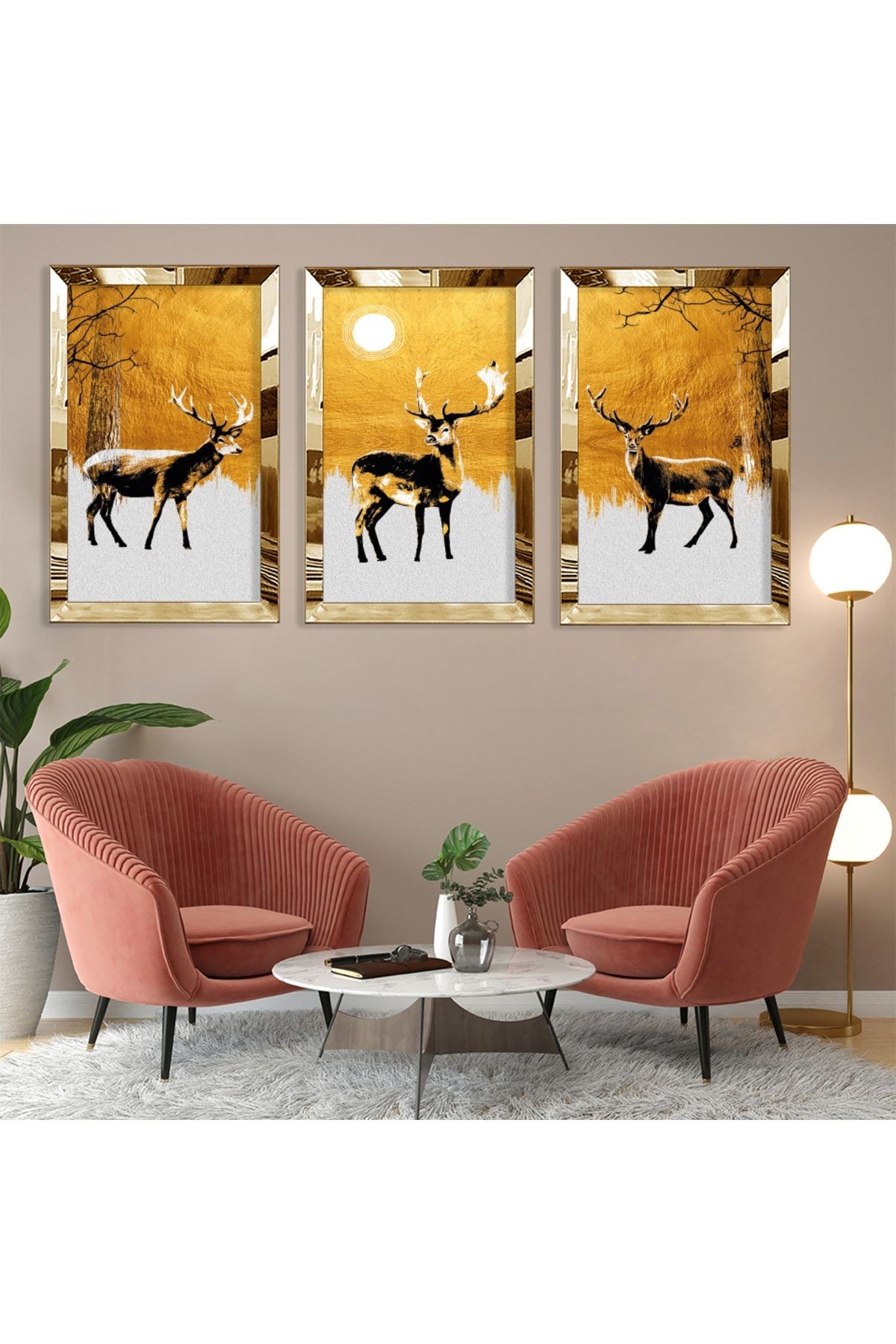 Geyik Soyut Desen Gold Pleksi Kenar Üçlü Mdf Tablo Seti