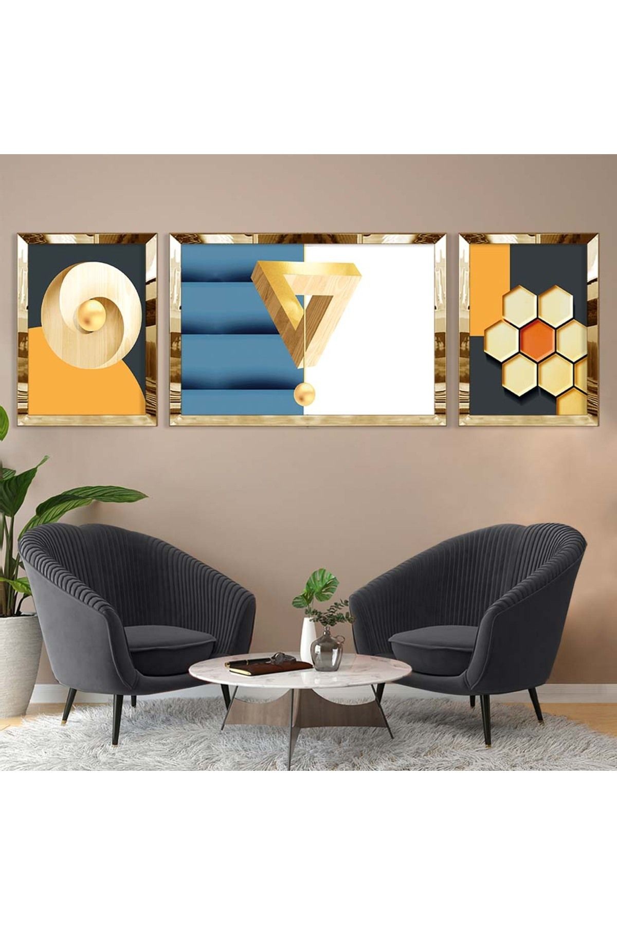 Gold Aynalı Pleksi Çerçeveli Üçlü Beyaz Arka Planlı Soyut Üçgen Desenli Mdf Tablo Seti