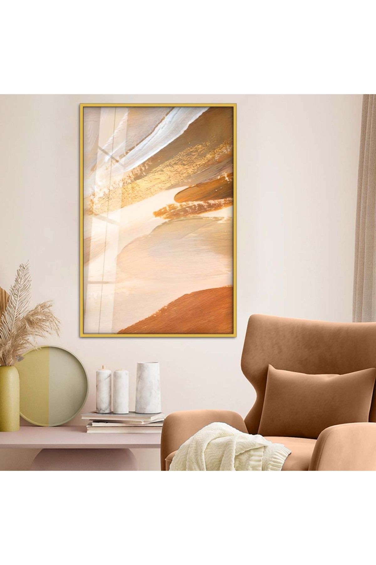 Gold Metal Çerçeveli Modern Çizim Soyut Tema Kırılmaz Cam Tablo