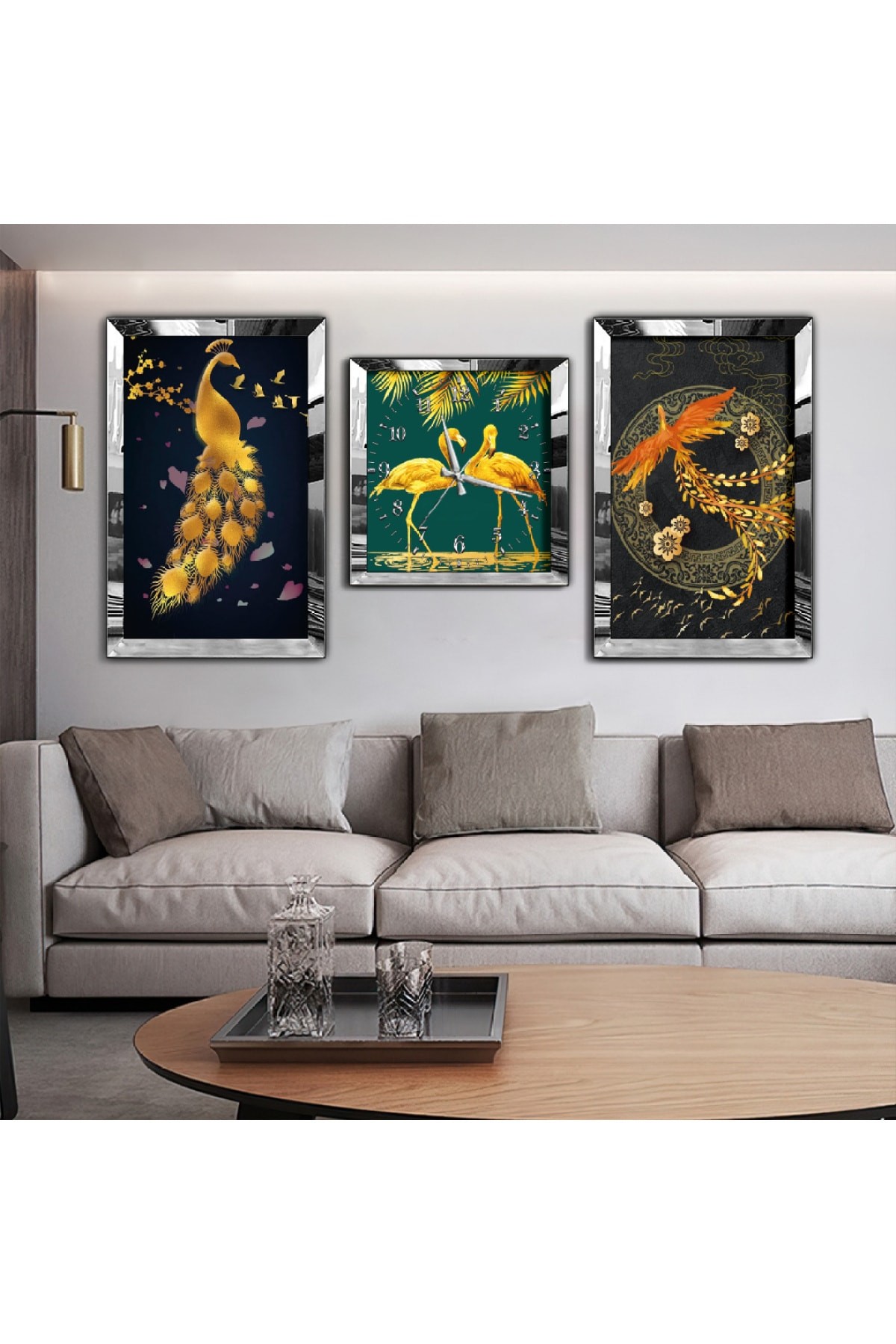Aşk Kuğuları Aynalı Gold Pleksi Çerçeveli Solmaz MDF Tablo Ve Saat Seti