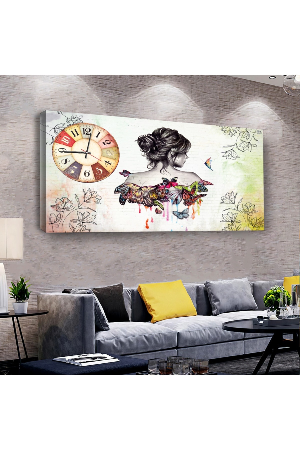 Kelebek Kadın saatliAhşap Şase Dijital Baskı Kanvas Tablo 100X50Cm