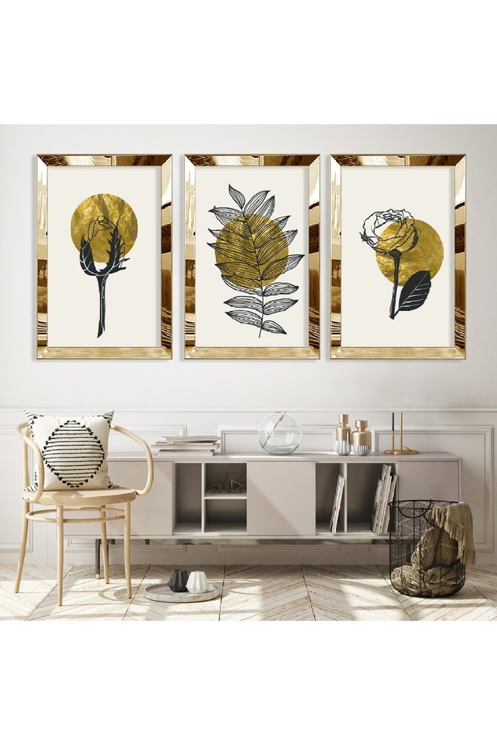 Sanat Tablosu Çiçek Soyut Desen Gold Pleksi Kenar 3'Lü Solmaz MDF Tablo