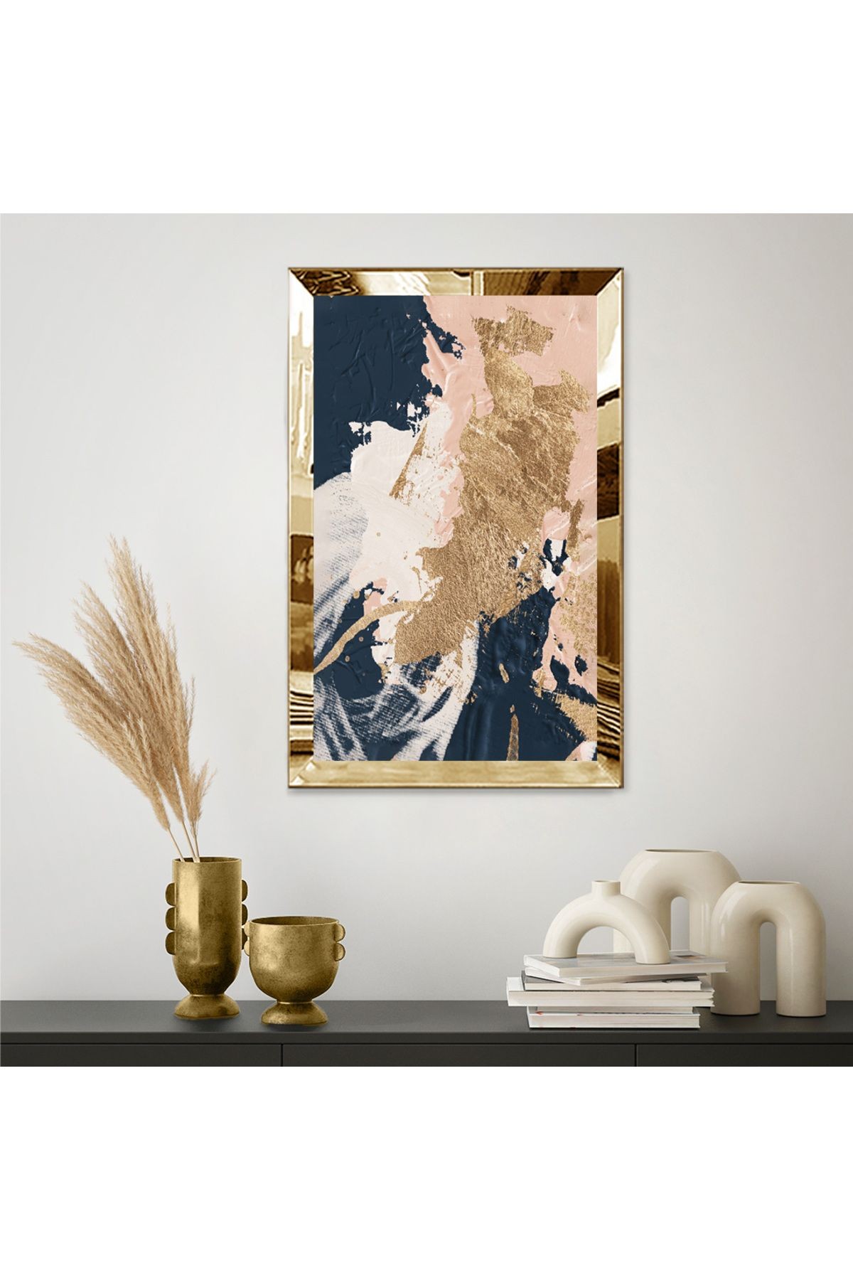 Gold Aynalı Pleksi Çerçeveli Mavi Ve Pembe Renkli Modern Soyut Tasarım Mdf Tablo