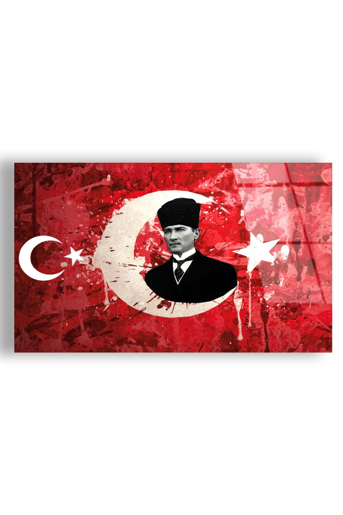 Çerçevesiz Yatay Türk Bayrağı Arka Planlı Mustafa Kemal Atatürk Kırılmaz Cam Tablo