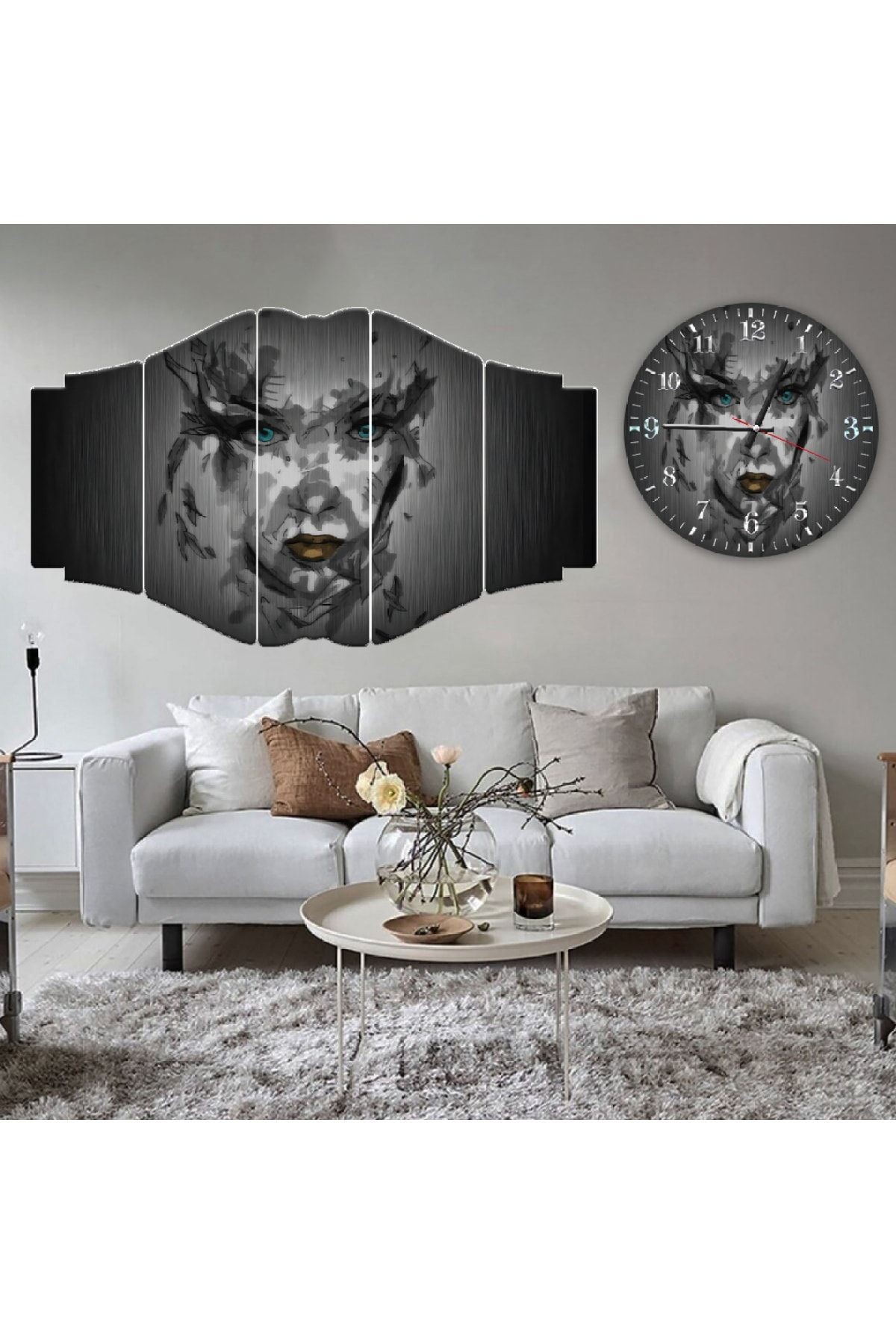 Altılı Nirvana Mdf Gri Arka Planlı Modern Kadın Yüzü Saatli Tablo Seti