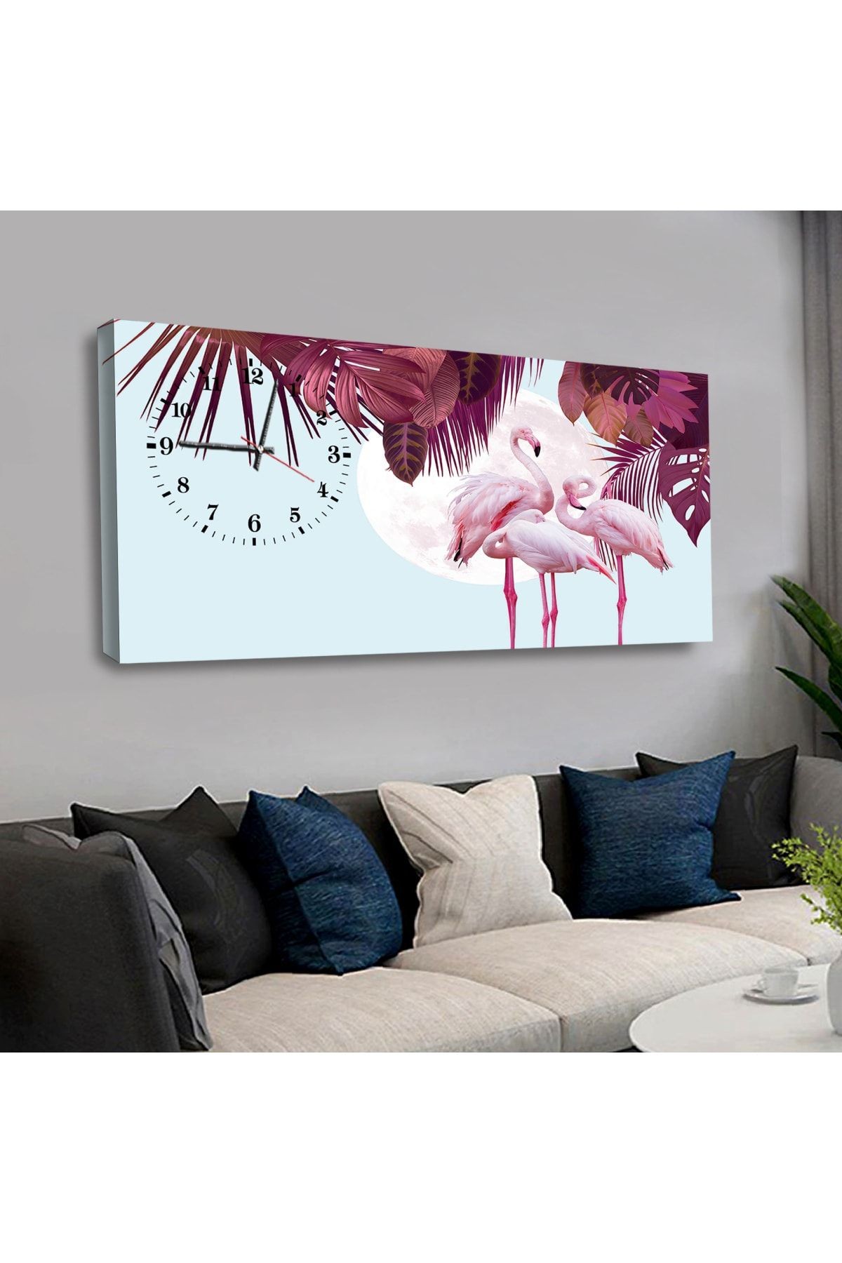 Hayvanlar Alemi Flamingo Ailesi Saatli Kanvas Tablo
