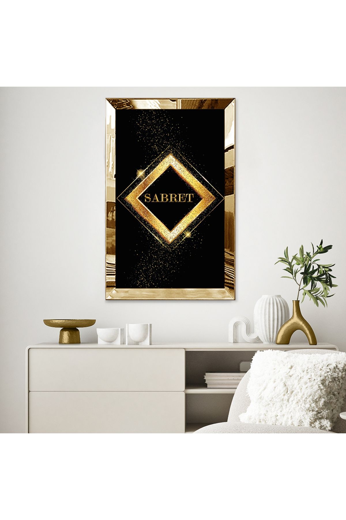 GOLD  AYNALI PLEKSİ ÇERÇEVELİ SABRET YAZI TEMALI DİNİ İSLAMİ TABLO