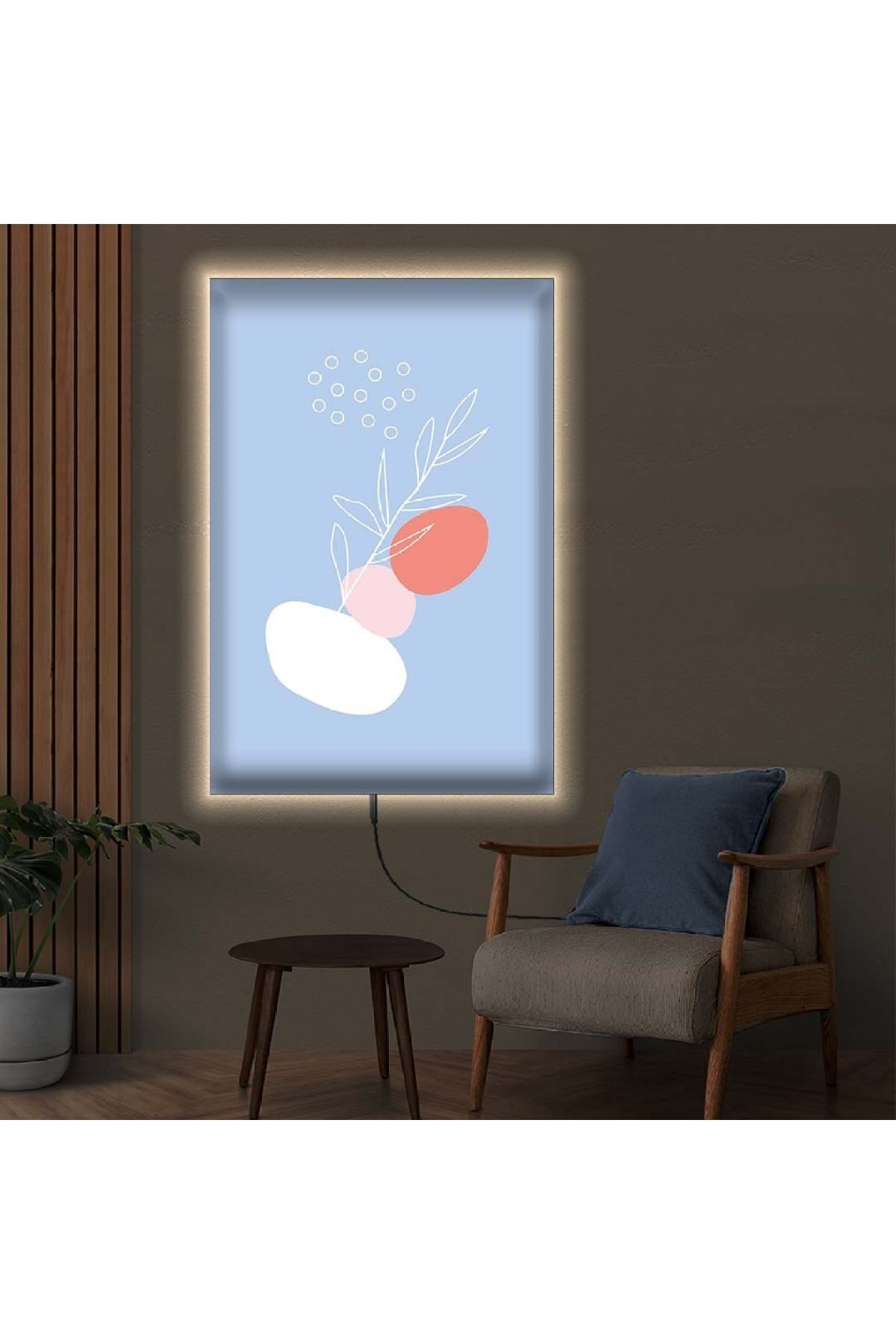 Ledli Soyut Çizim Çiçek Ahşap Şase Dijital Baskı Kanvas Tablo 90X60Cm