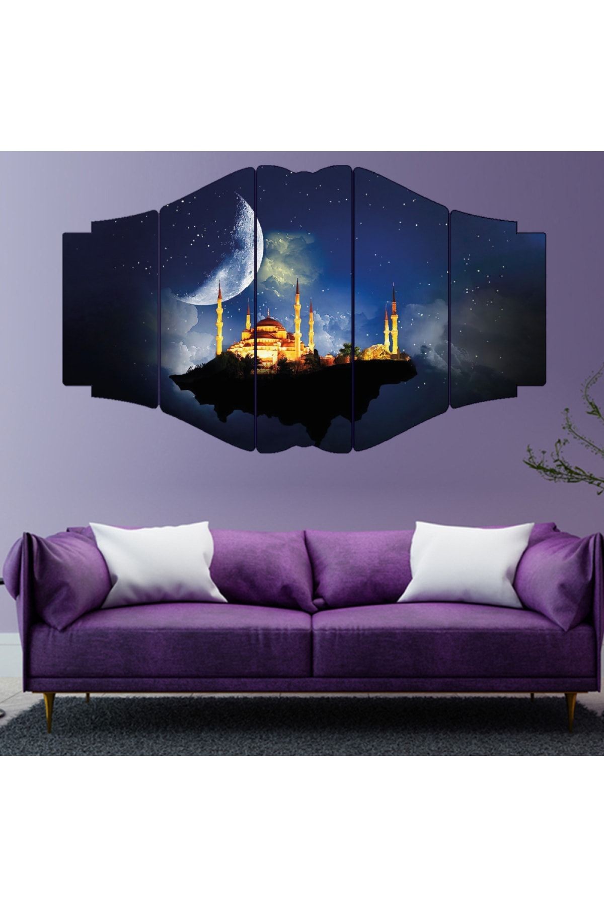 Beşli Nirvana Mdf Sarı Işıklandırmalı Cami Manzara Tablo Seti