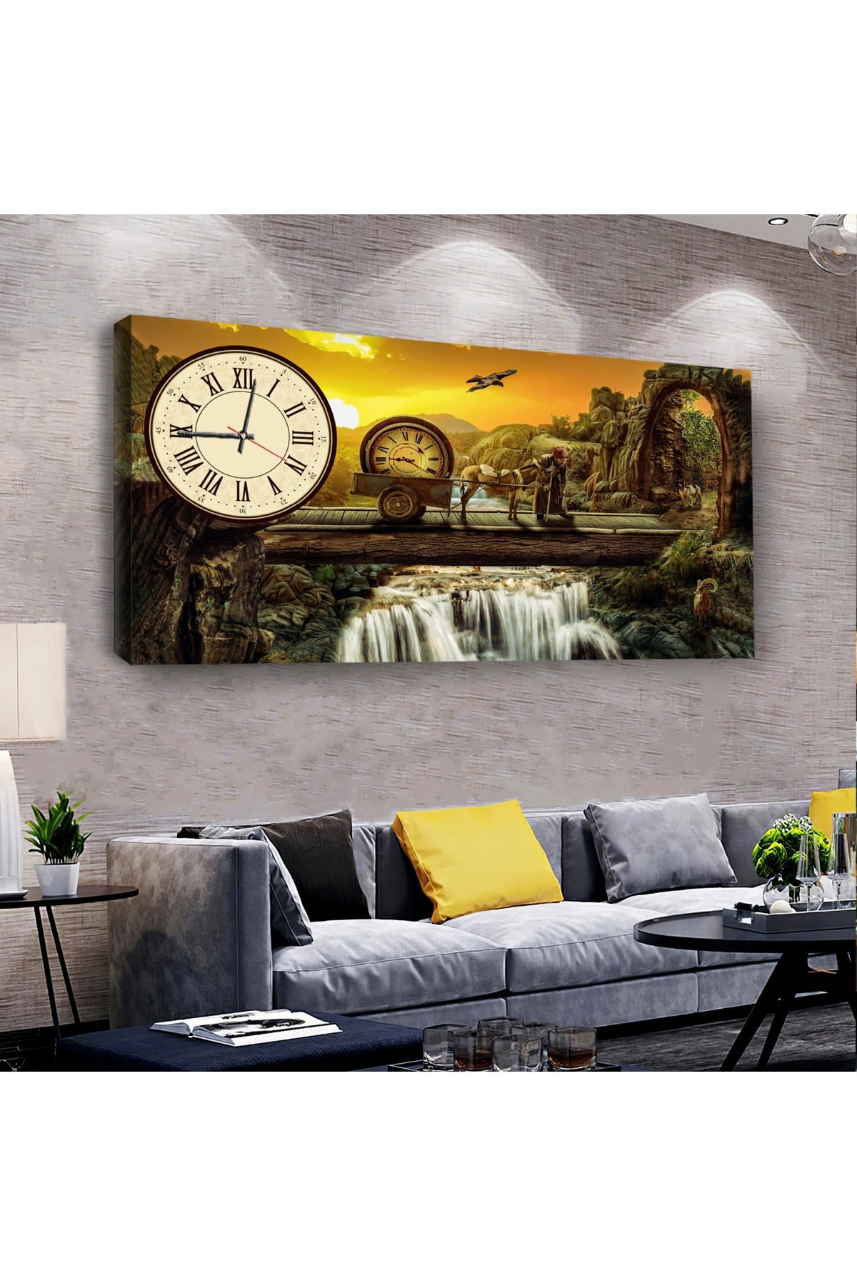Zaman Taşıyıcı saatliAhşap Şase Dijital Baskı Kanvas Tablo 100X50Cm