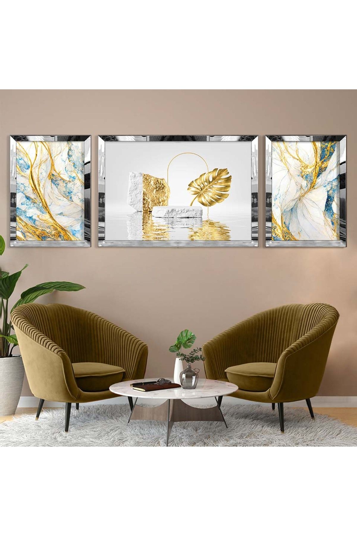 Gümüş Aynalı Pleksi Çerçeveli Üçlü Altın Desenli Modern Üçlü Mdf Tablo Seti