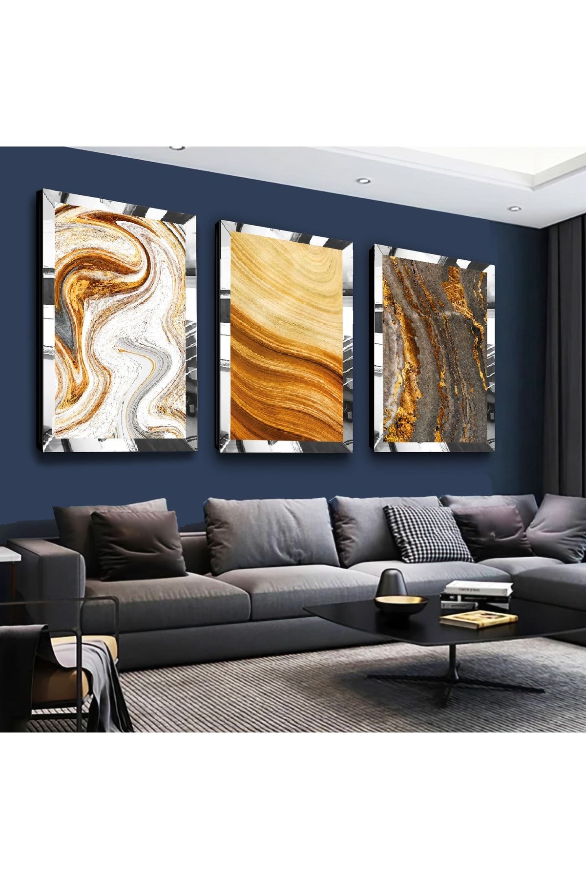 Gold Aynalı Pleksi Çerçeveli Sarı Renk Modern Üçlü Mdf Tablo Seti
