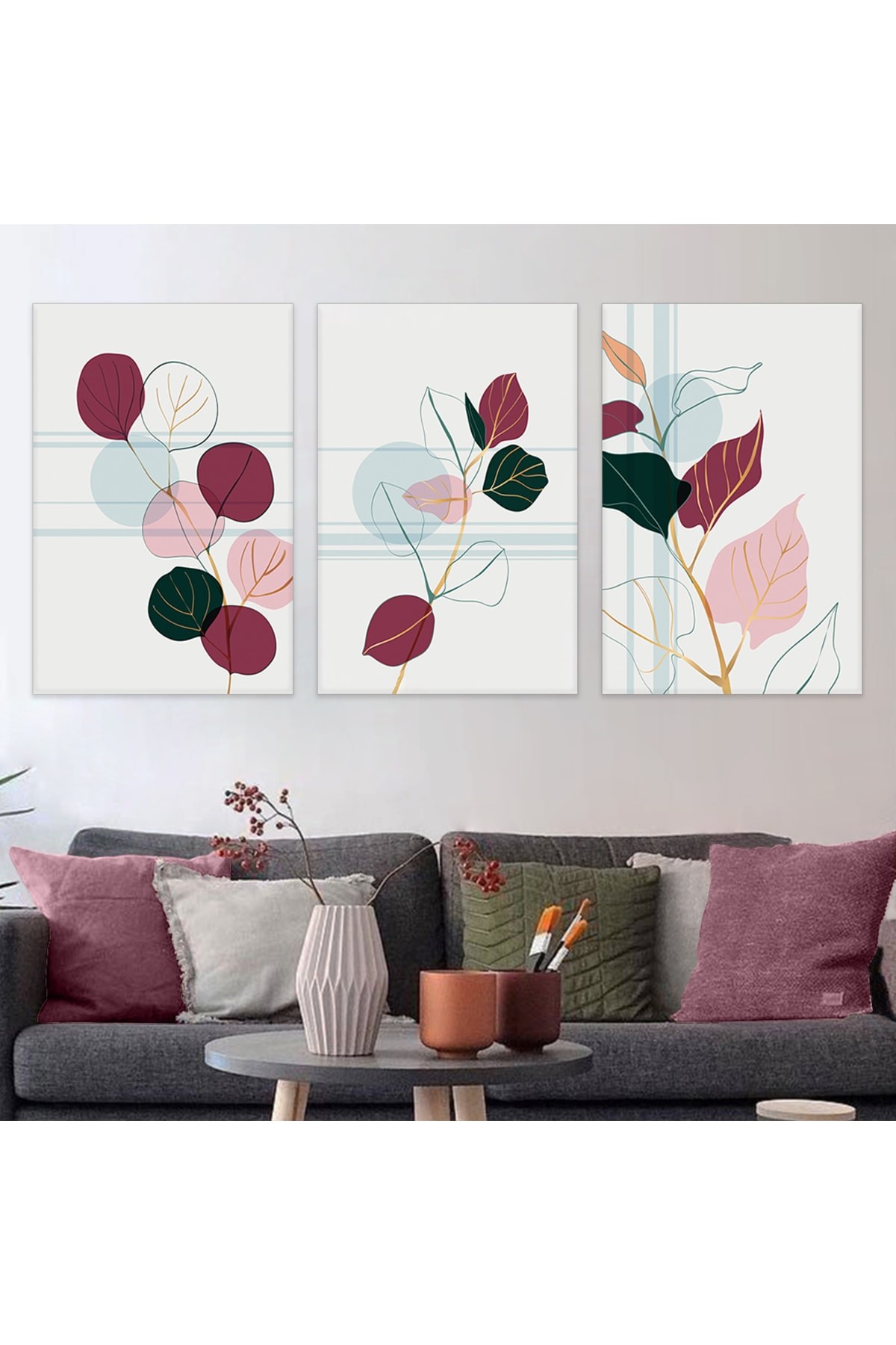 Sanat Tablosu Soyut Desen Yaprak 3'Lü Ahşap Şase Dijital Baskı Kanvas Tablo