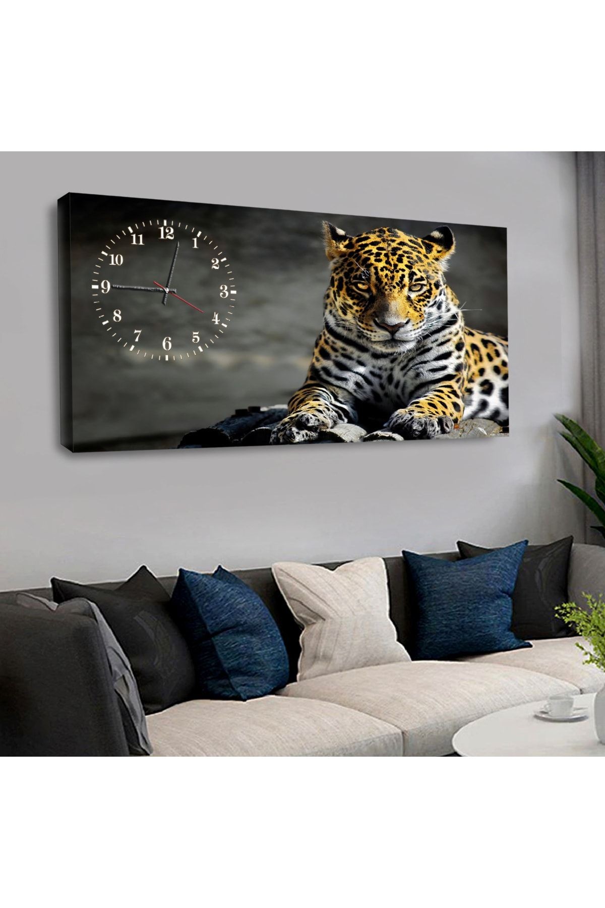 120x60 Saatli Hayvanlar Alemi Kaplan Kanvas Tablo