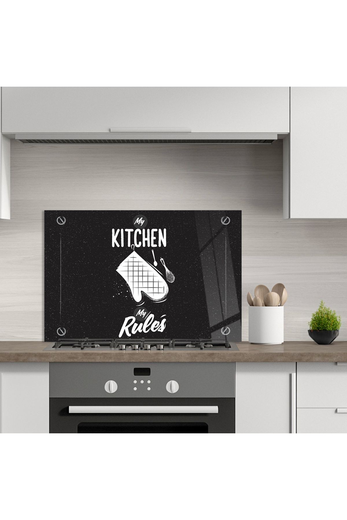 Ocak Arkası Temperli Cam "My Kitchen My Rules" Desenli Yazılı