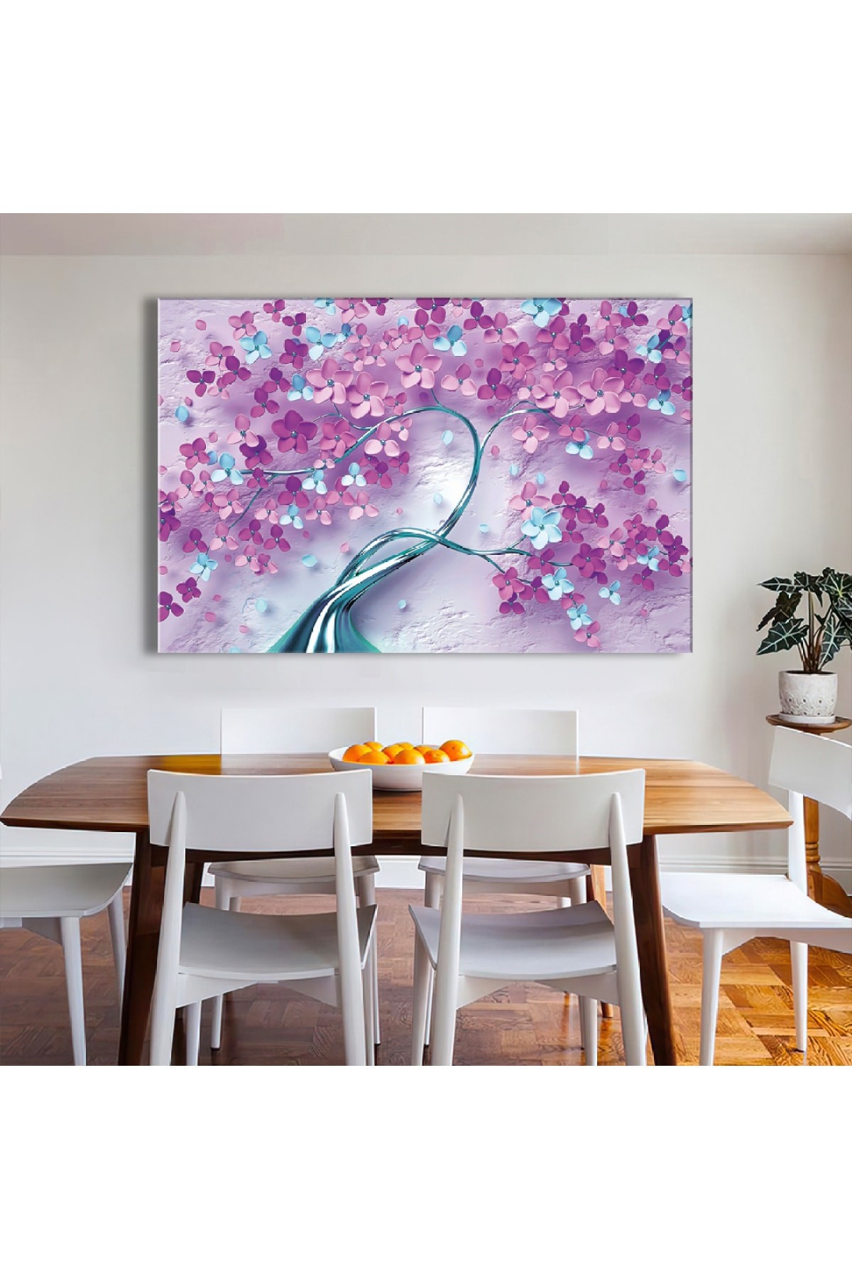 Mor Çiçekler Ahşap Şase Dijital Baskı Kanvas Tablo 120X80Cm