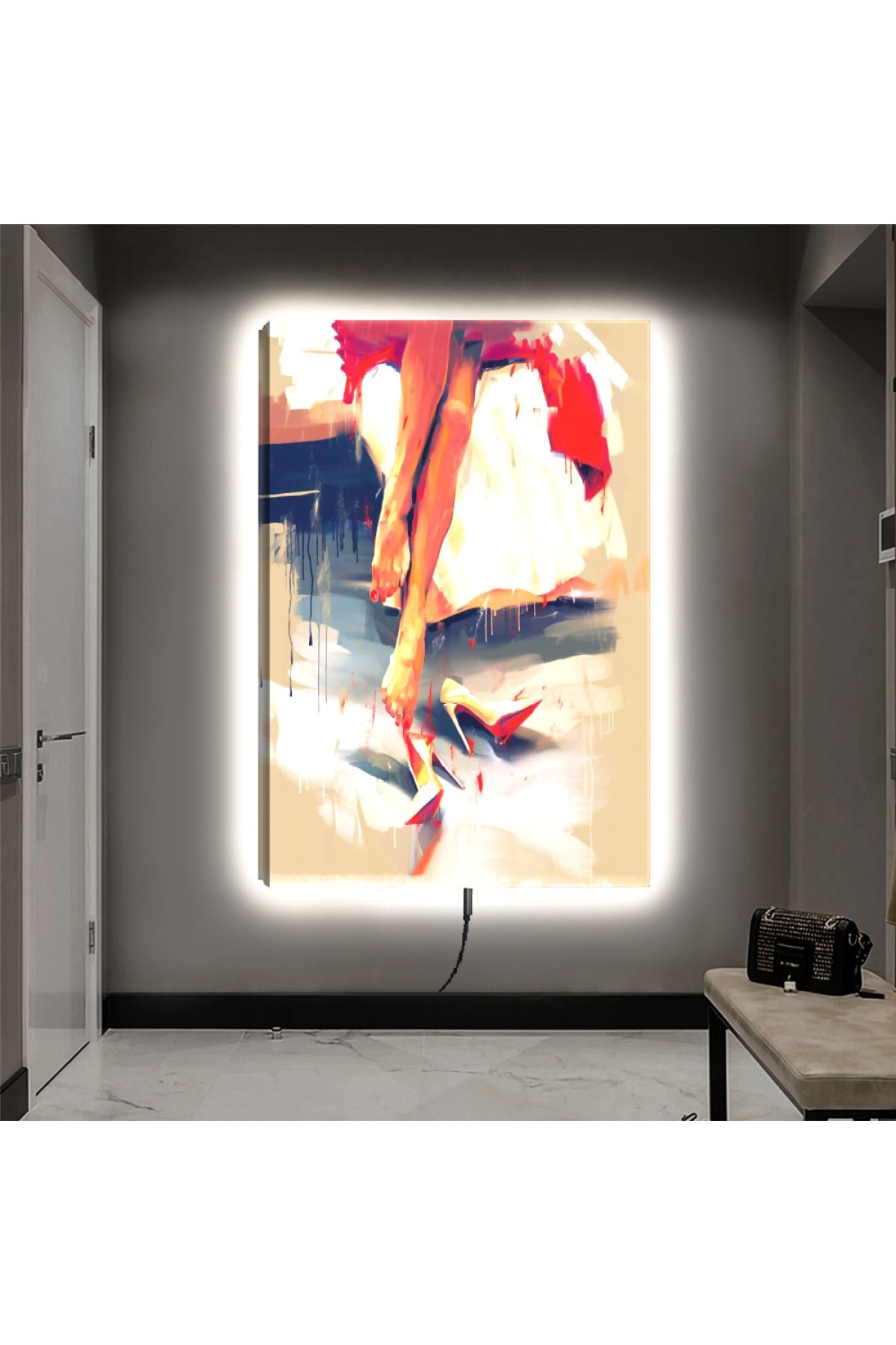 Salon Tablosu Ledli Güzel Kadın Ahşap Şase Dijital Baskı Kanvas Tablo 90X60Cm