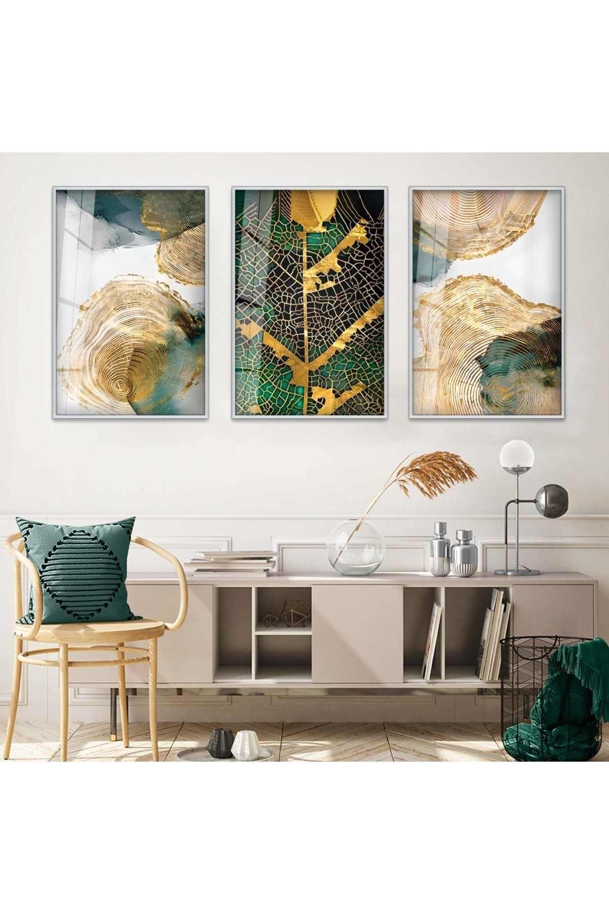Modern Minimalist Kolaj Çizim 3'Lü Metal Çerçeveli UV Baskı Kırılmaz Cam Tablo Seti