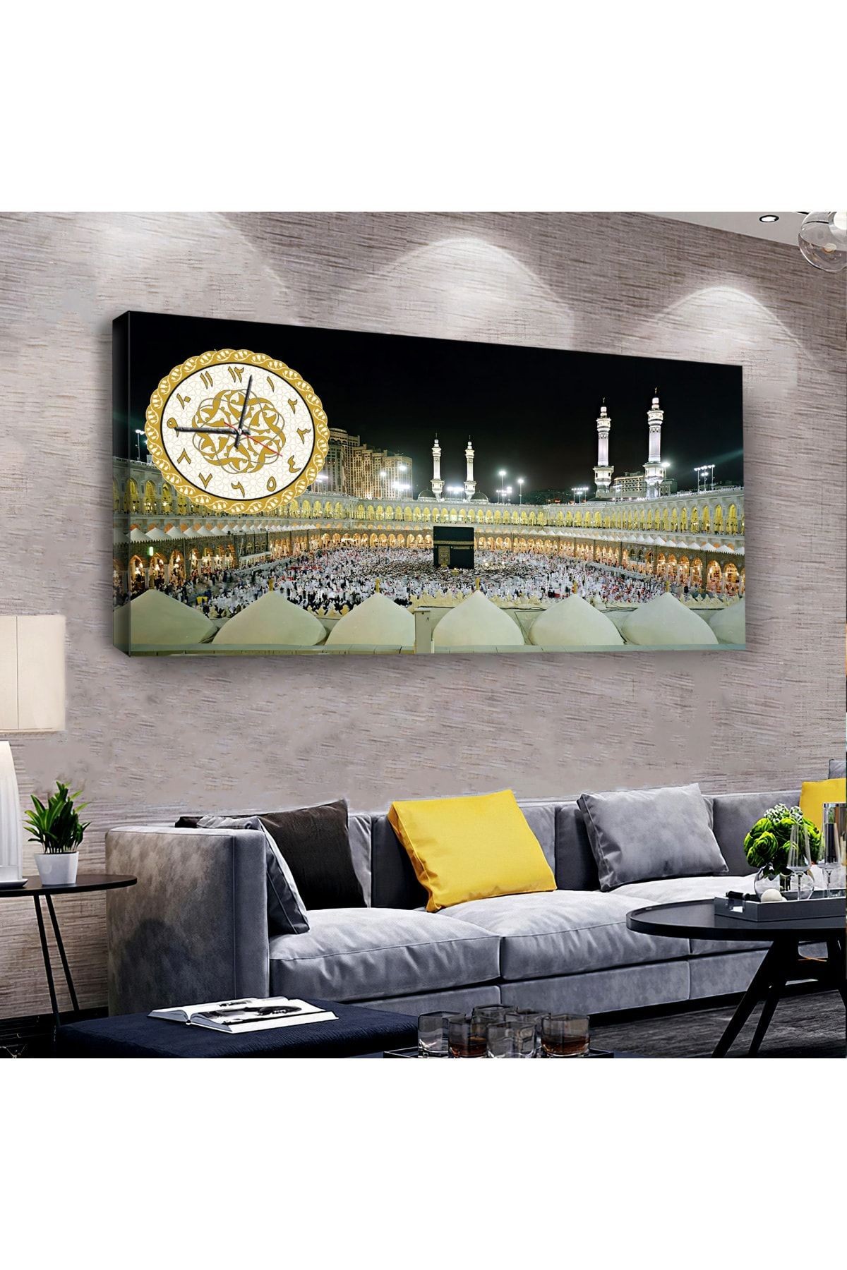 Kanvas Beyaz Işıklandırmalı Kabe Dini Saatli Tablo