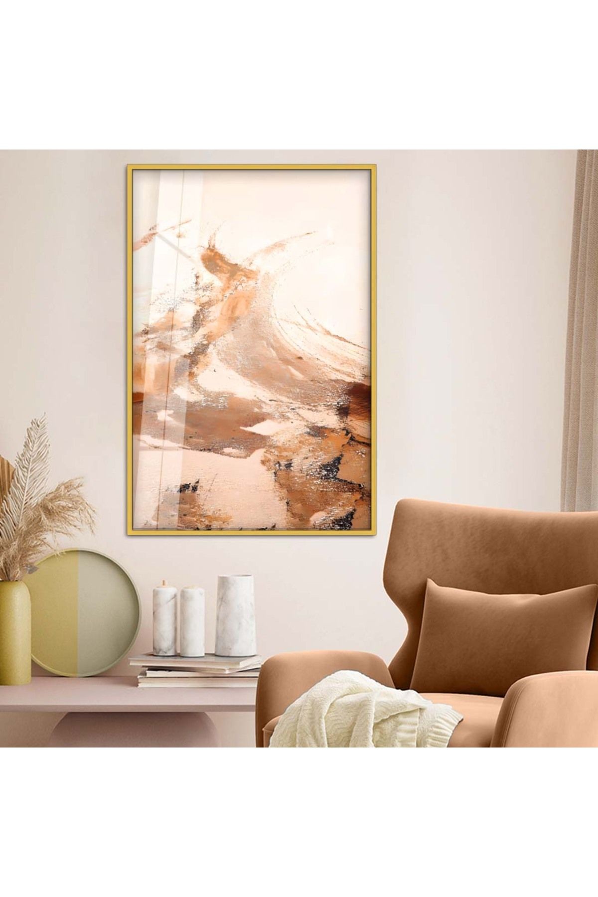 Gold Metal Çerçeveli Modern Çizim Soyut Tema Kırılmaz Cam Tablo
