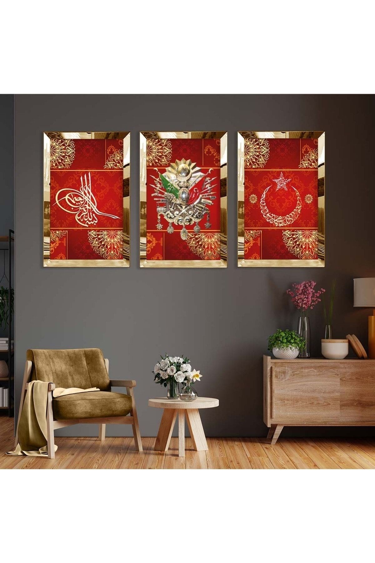 Gold Aynalı Pleksi Çerçeveli Üçlü Kırmızı Arka Planlı Gold Desenli Osmanlı Tuğrası Mdf Tablo Seti