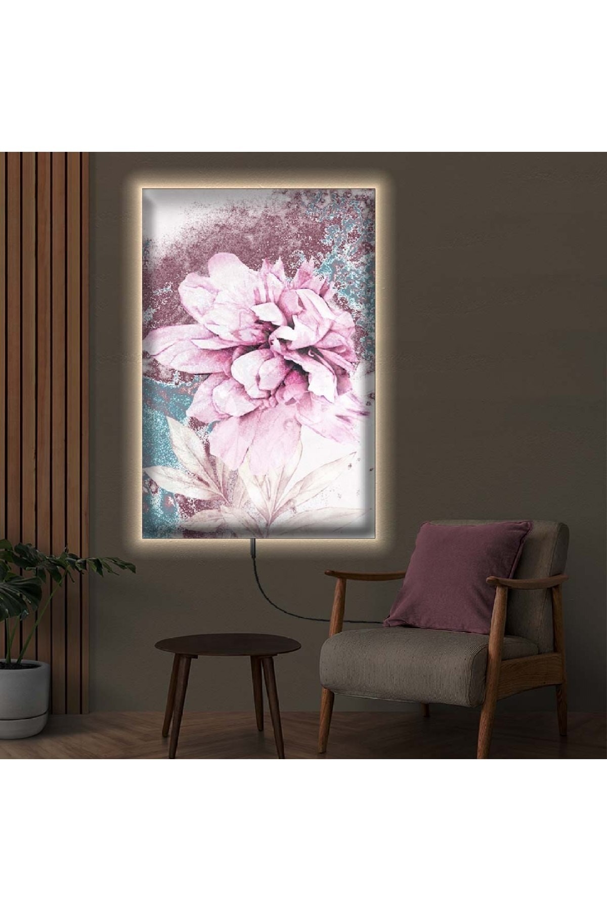 Sanat Tablosu Ledli Çiçek Desen Ahşap Şase Dijital Baskı Kanvas Tablo 50X70Cm