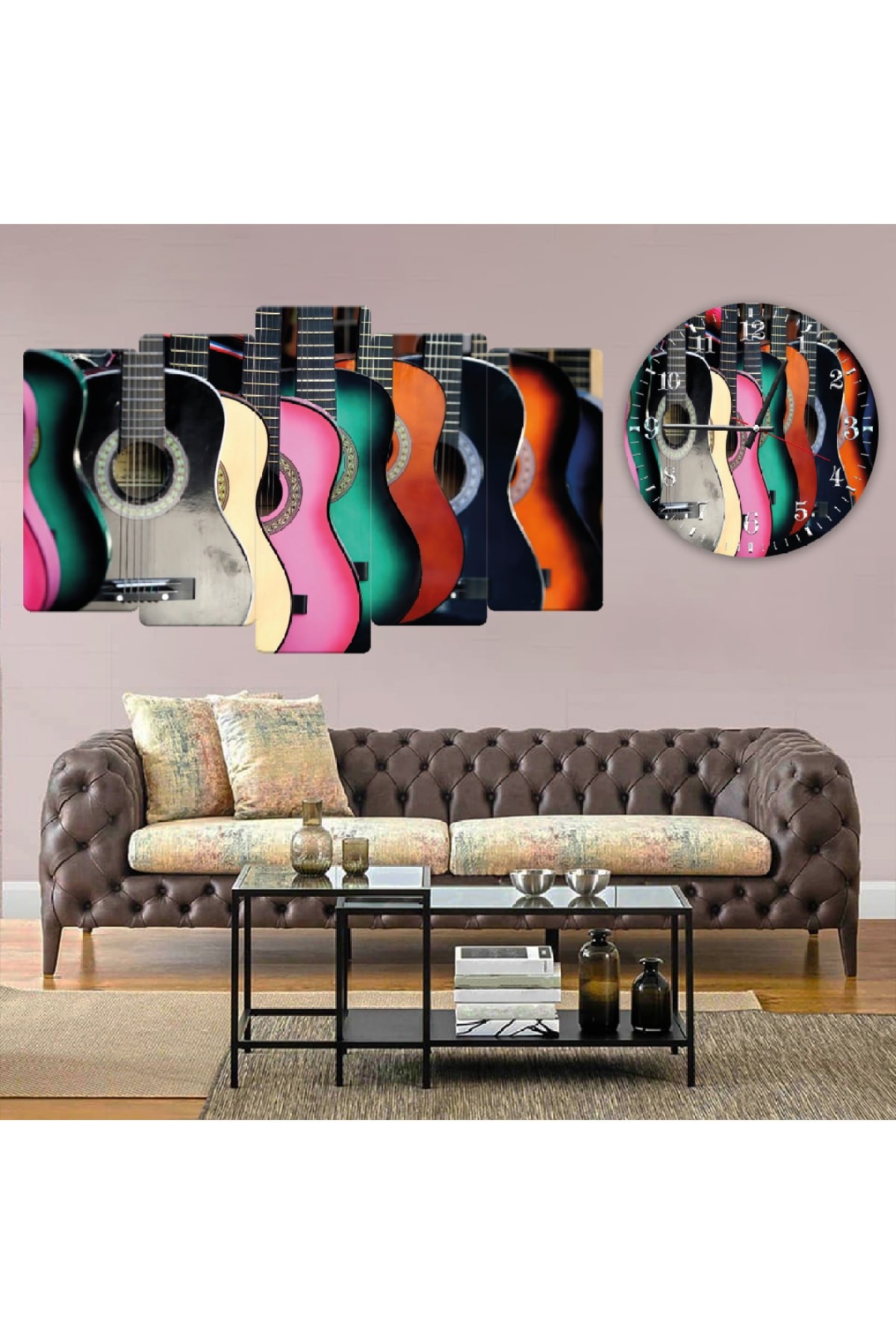 5 Parça Renkli Gitar Solmaz MDF Tablo Ve Saat Kombin