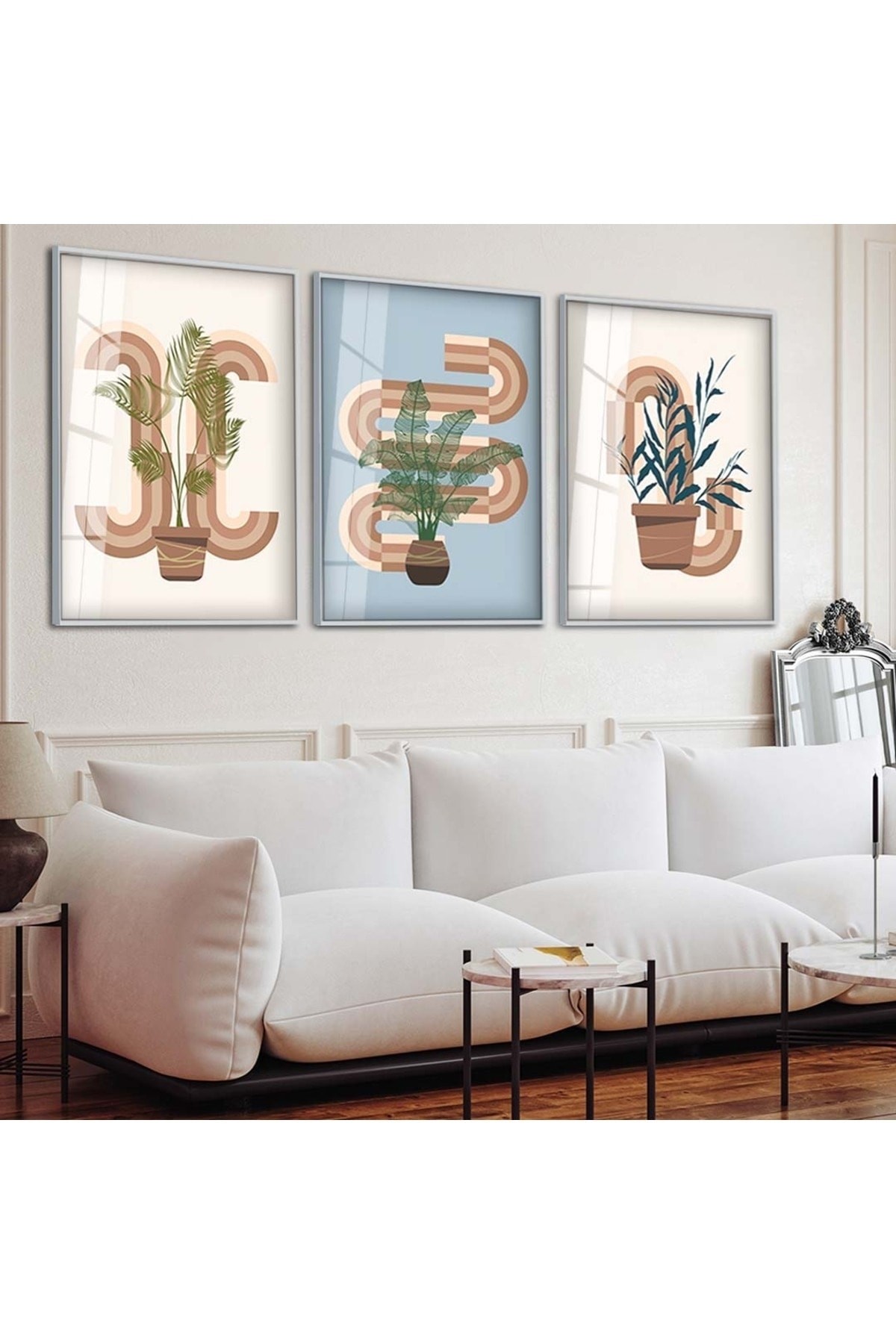 Minimalist Çiçek Soyut Desen 3'Lü Metal Çerçeveli UV Baskı Kırılmaz Cam Tablo Seti