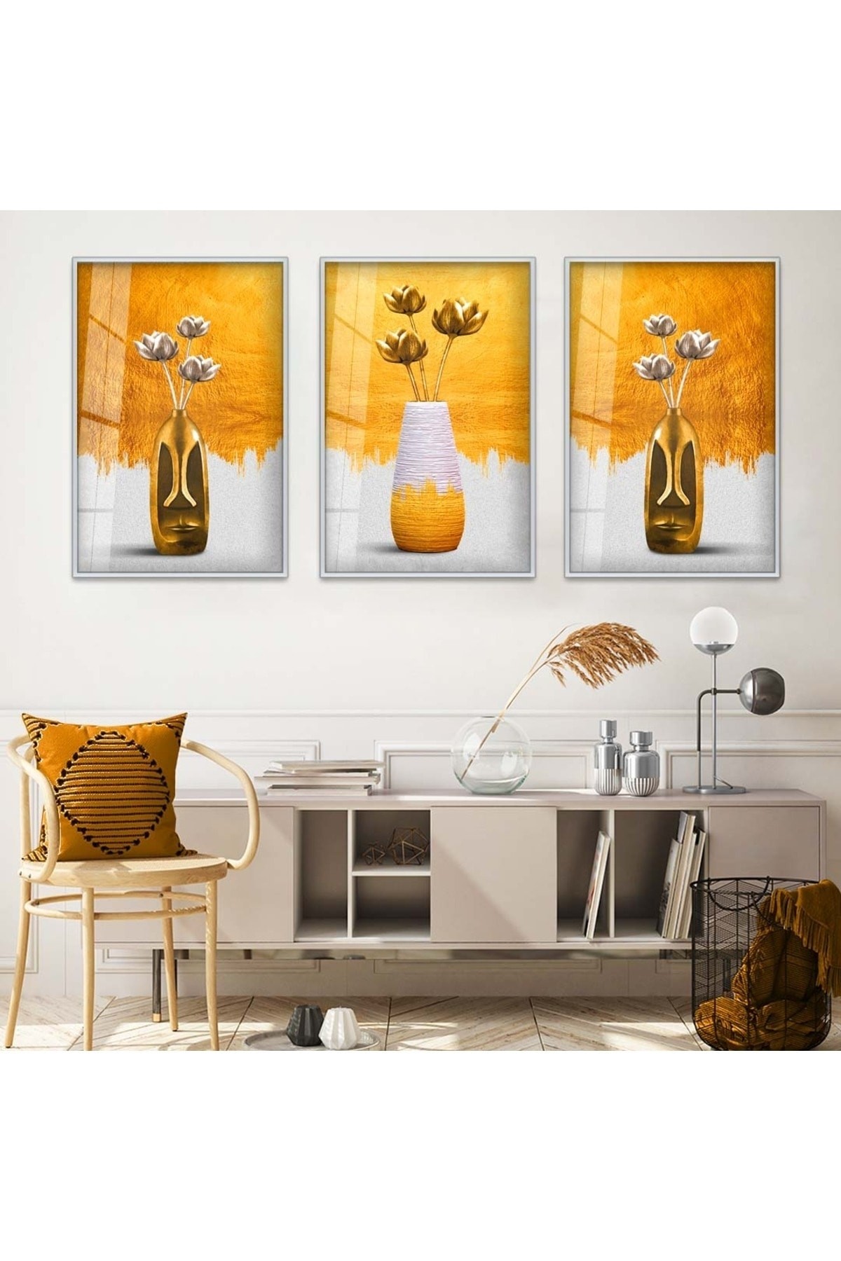 Minimalist Tablo Soyut Desen 3'Lü Metal Çerçeveli UV Baskı Cam Tablo Seti