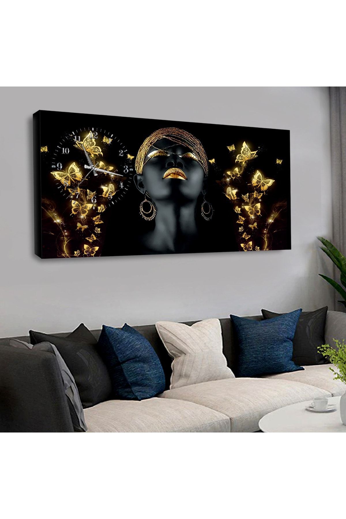 120x60 Saatli Afrikalı Kadın Kanvas Tablo