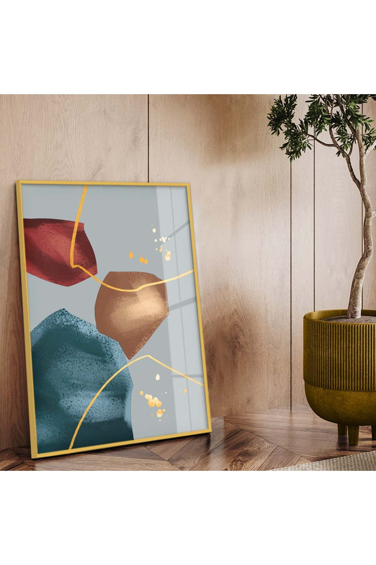 Minimal Modern Tablo Kolaj Çizim Soyut Tema Metal Çerçeveli UV Baskı Kırılmaz Cam Tablo
