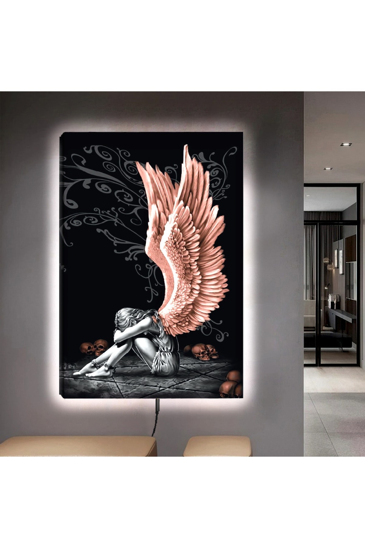 Ledli Melek Ahşap Şase Dijital Baskı Kanvas Tablo 90X60Cm