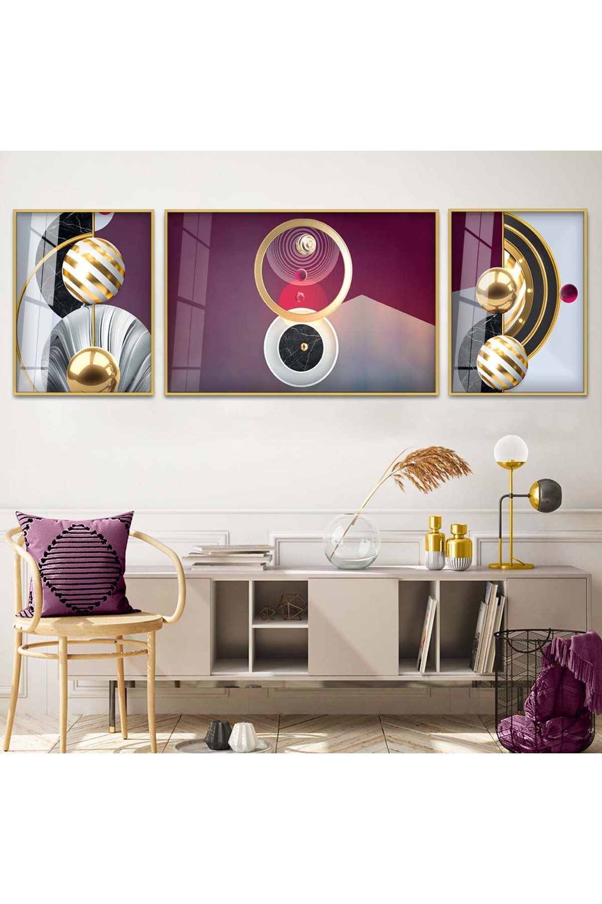 Tasarım Salon Tablosu Çizim Soyut 3'Lü Metal Çerçeveli UV Baskı Kırılmaz Cam Tablo