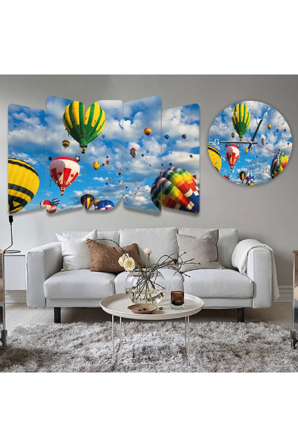 5 Parça Renkli Balonlar Solmaz MDF Tablo Ve Saat Kombin