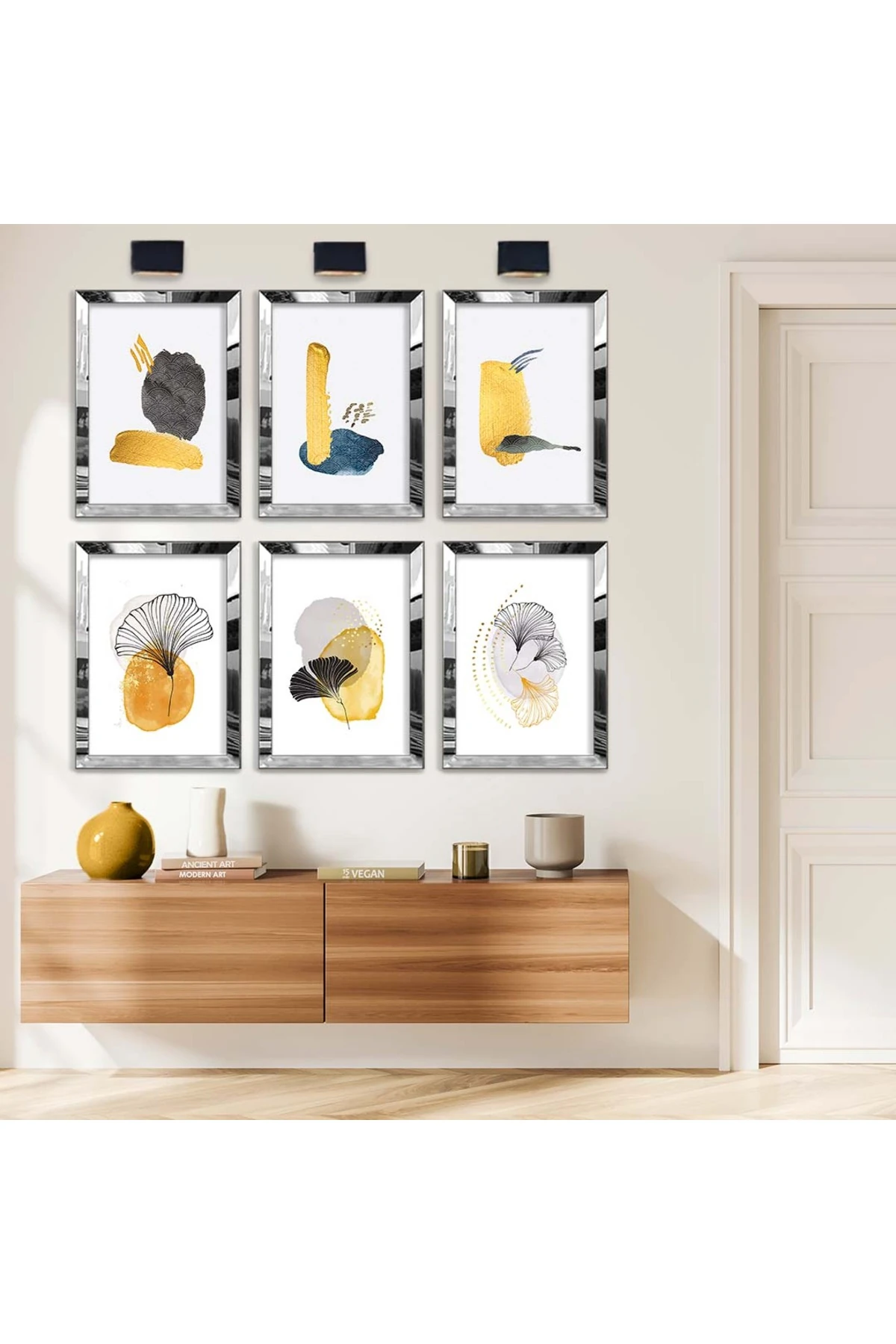 Oturma Odası Tablosu Kolaj Çizim Modern Tema 6'Lı Pleksi Kenar MDF Tablo Seti