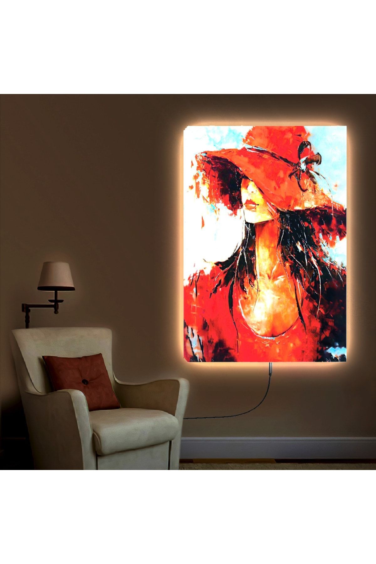 Ledli 90x60 Yağlı Boya Görünümlü Genç Kadın Kanvas Tablo