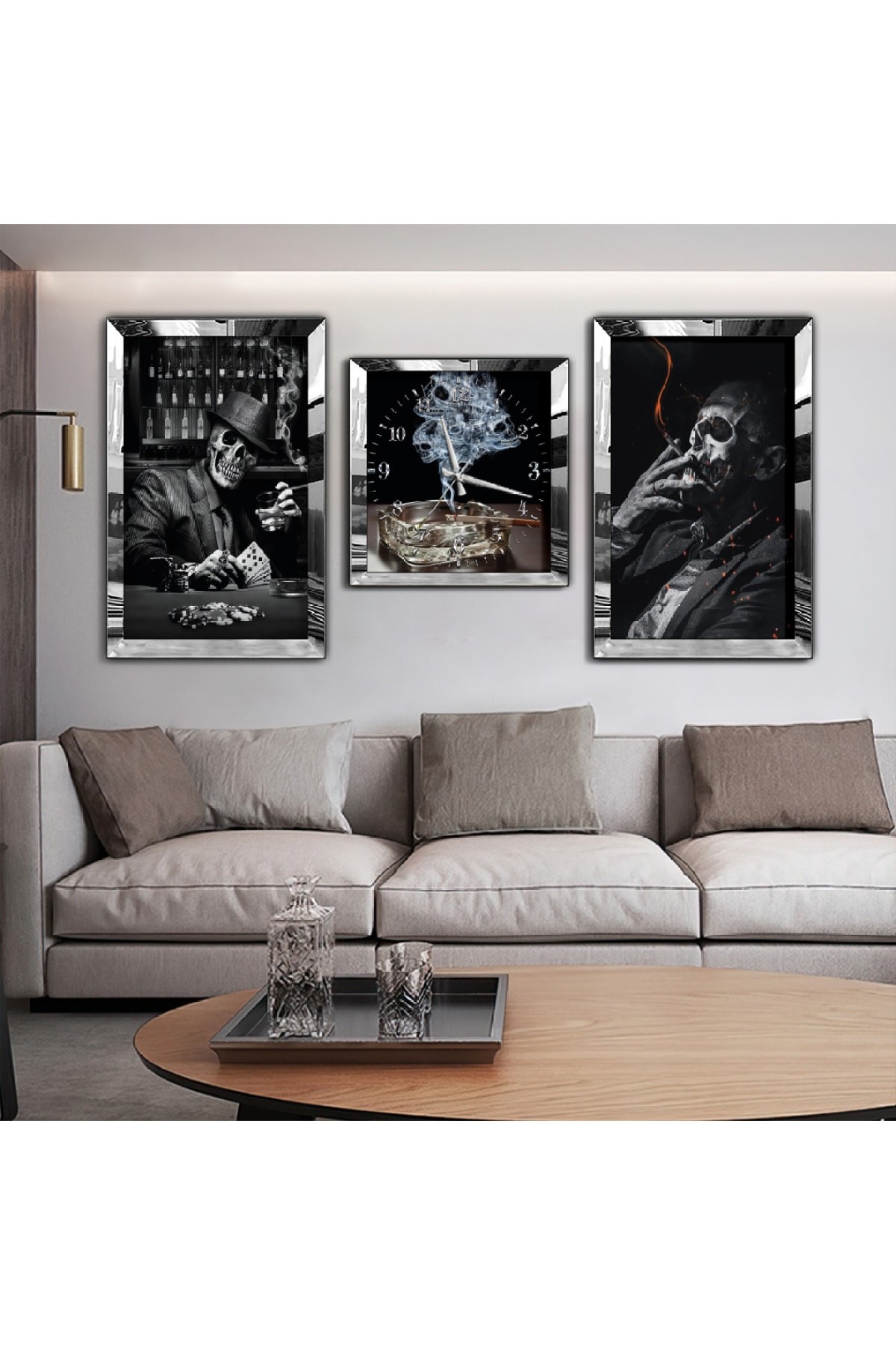 Minimalist Ölüm Meleği Aynalı Gold Pleksi Çerçeveli MDF Tablo Ve Saat Seti
