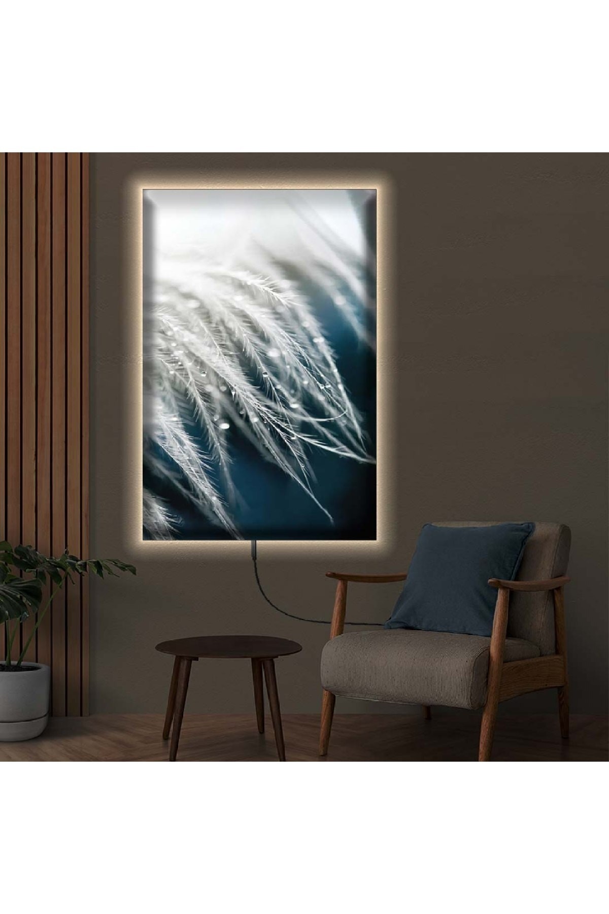 Ofis Tablosu Ledli Beyaz Çiçek Ahşap Şase Dijital Baskı Kanvas Tablo 50X70Cm