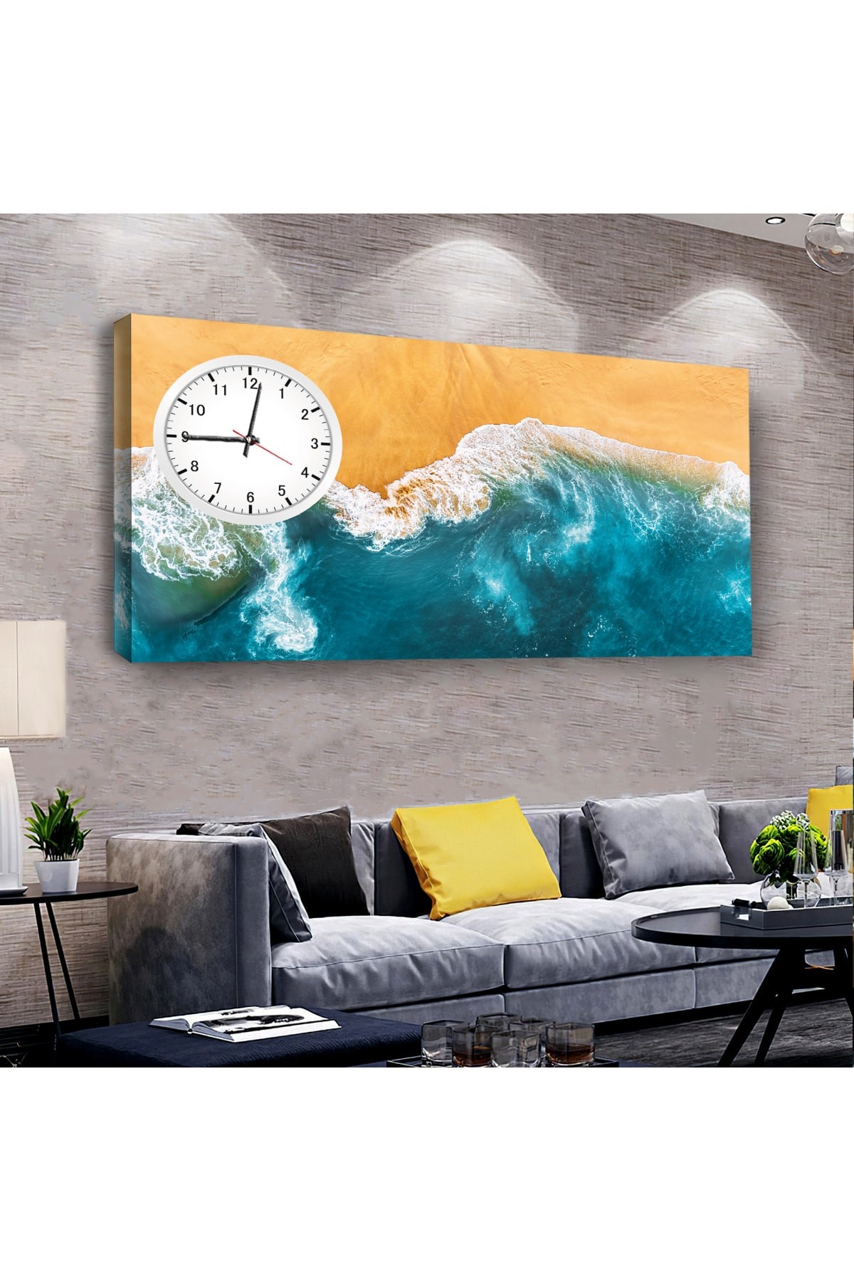Okyanus Kenarı Manzara saatliAhşap Şase Dijital Baskı Kanvas Tablo 100X50Cm